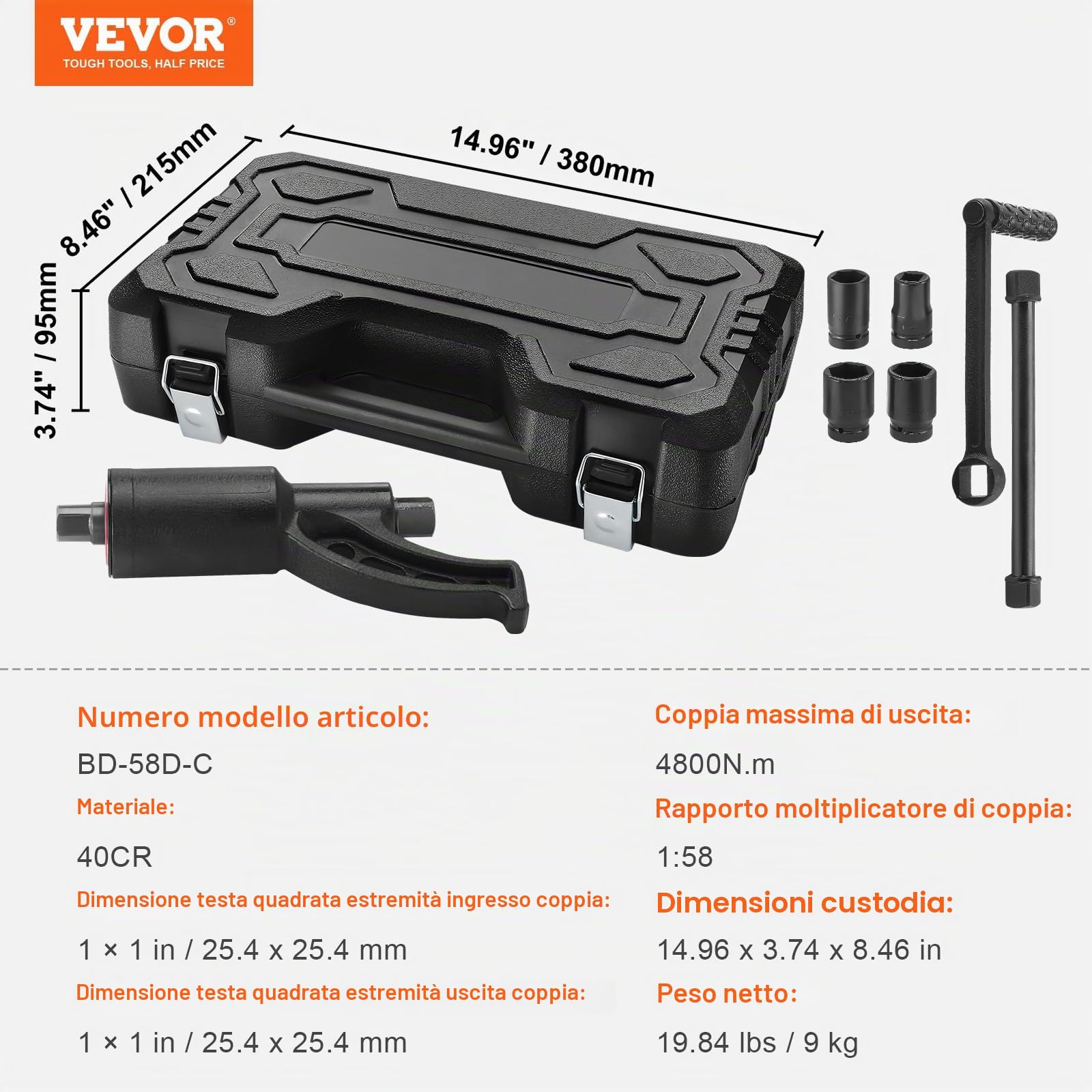 VEVOR Set di Chiave Dinamometrica 25,4 mm Rapporto 1:58 Moltiplicatore di Forza con 4 Bussole, Set Moltiplicatore Svita Bulloni 4800 Nm per la Rimozione dei Dadi per Riparazione Auto Officina Garage