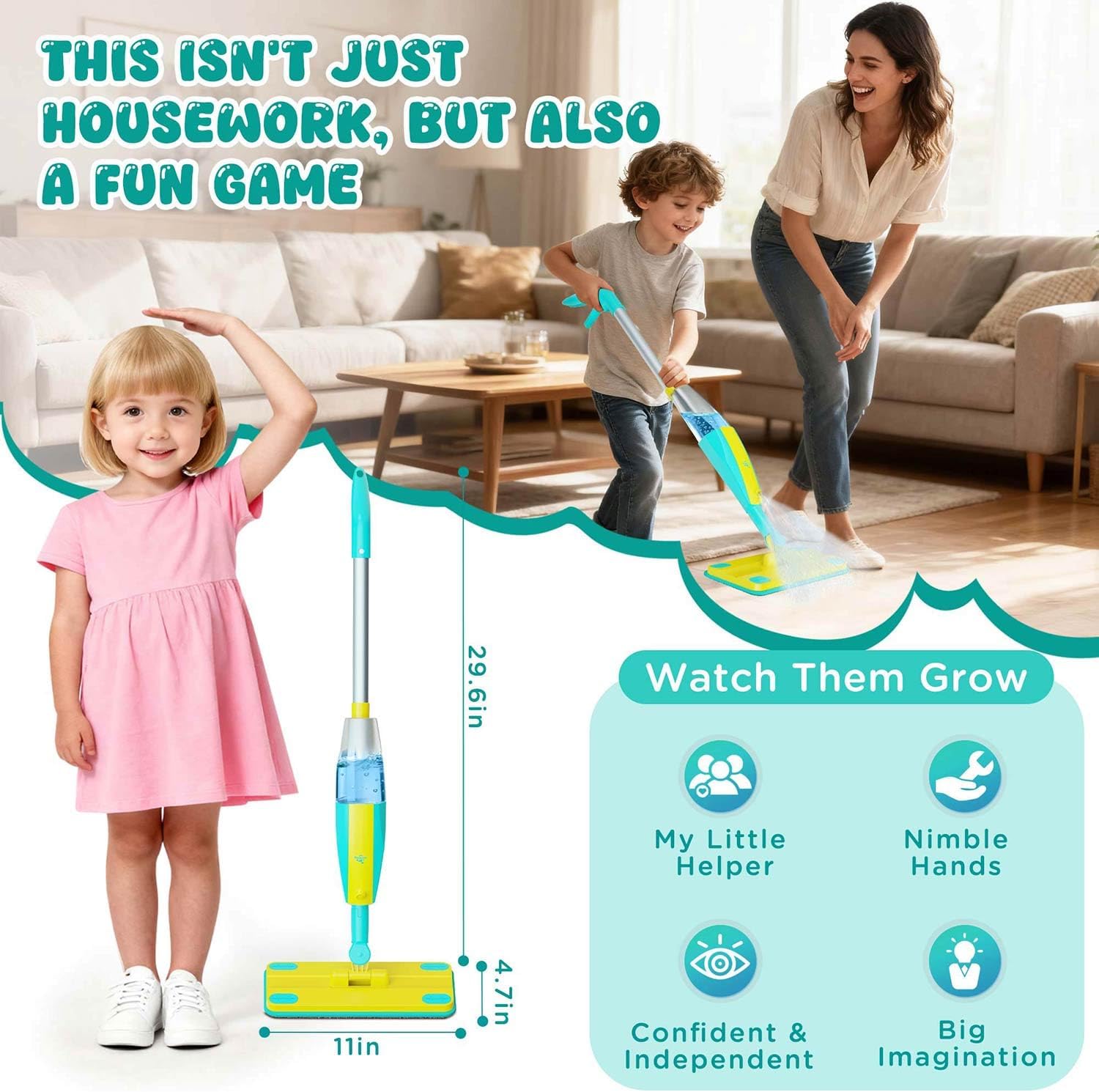 Kids Spray Mop,Toddlers Cleaning Play Sets with Real Water Sprayer,Includes Versatile Apron,Pretend Play Sets,Toddler Kids Cleaning Toy Set,Montessori Cleaning Set,Gifts for Boys Girls