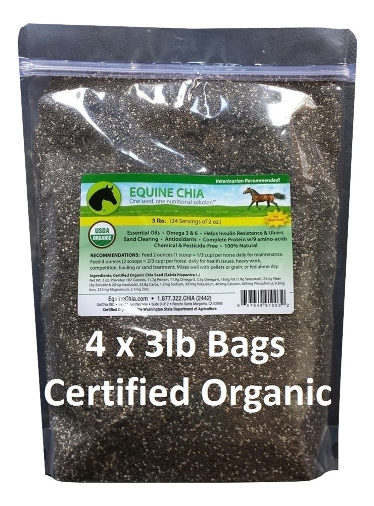 Equine Chia Brand - Certified Organic Chia Seeds in 3 Pound Bags (4 x 3 Pound Bags)