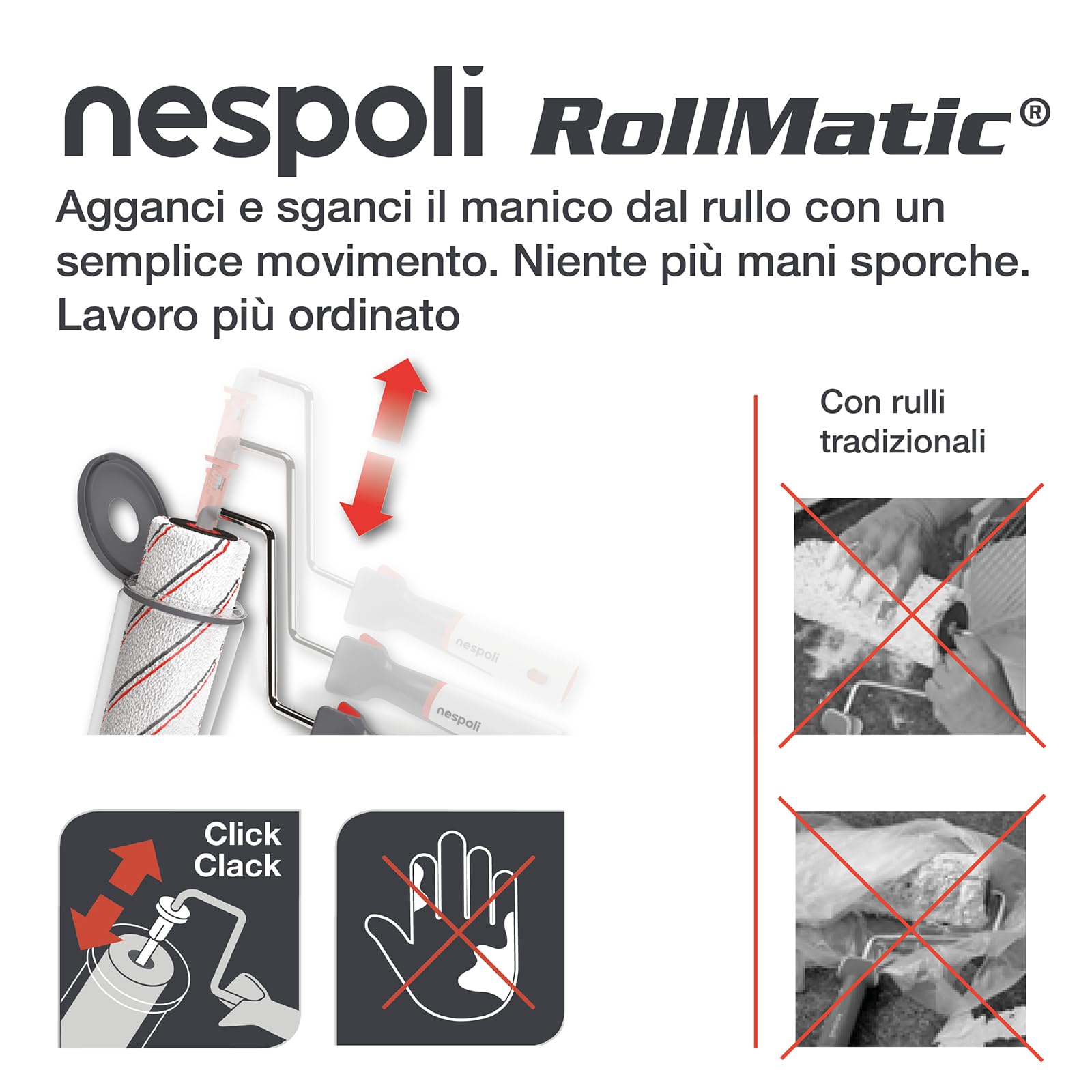 Nespoli - Rullo per Pittura NonStopMatic 21cm con Serbatoio e Meccanismo Automatico RollMatic, Rullo con Serbatoio per Imbiancare Capacità 0.6 L, Sistema FreshBox per Conservazione e Viscosimetro