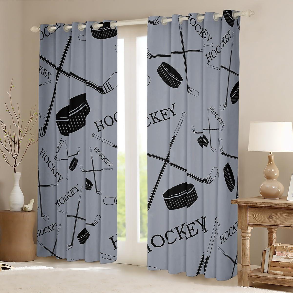 Feelyou Ice Hockey Curtains for Bedroom Living Room (2 Panels, 38 x 45 Inch) Hockey Player Blackout Curtains Kids Adults Puck Hockey Darkening Dreapes Winter Sports Window Treatments