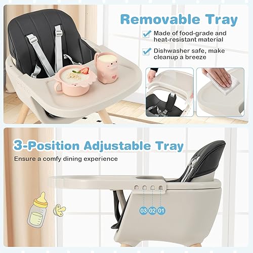 Vista 30 de HONEY JOY Silla alta, silla alta 3 en 1 de madera Eat & Grow con bandeja extraíble, arnés de 5 puntos, cojín de poliuretano y reposapiés para bebé