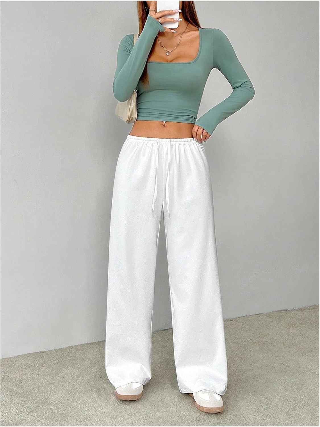 SHENHE Women's Wide Leg Pants Casual Drawstring Y2k Low Rise Lounge Pants Loose Trousers - Image 6