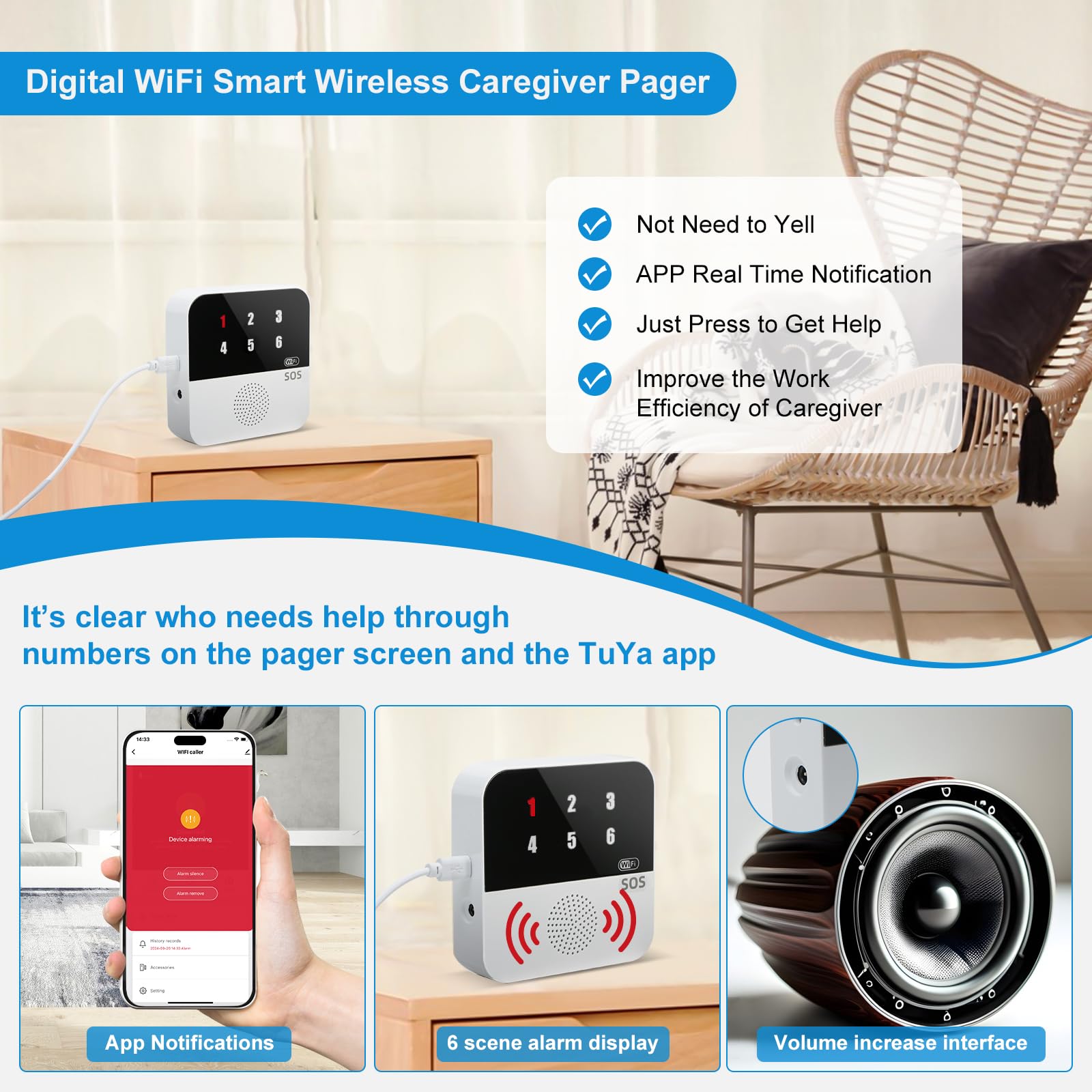 Life Alert Systems for Seniors No Monthly Fee, App-Controlled Caregiver Pager, Medical Alert Systems for Seniors LED Number Display 2Call Button 1Receiver(Only Supports 2.4GHz Wi-Fi)