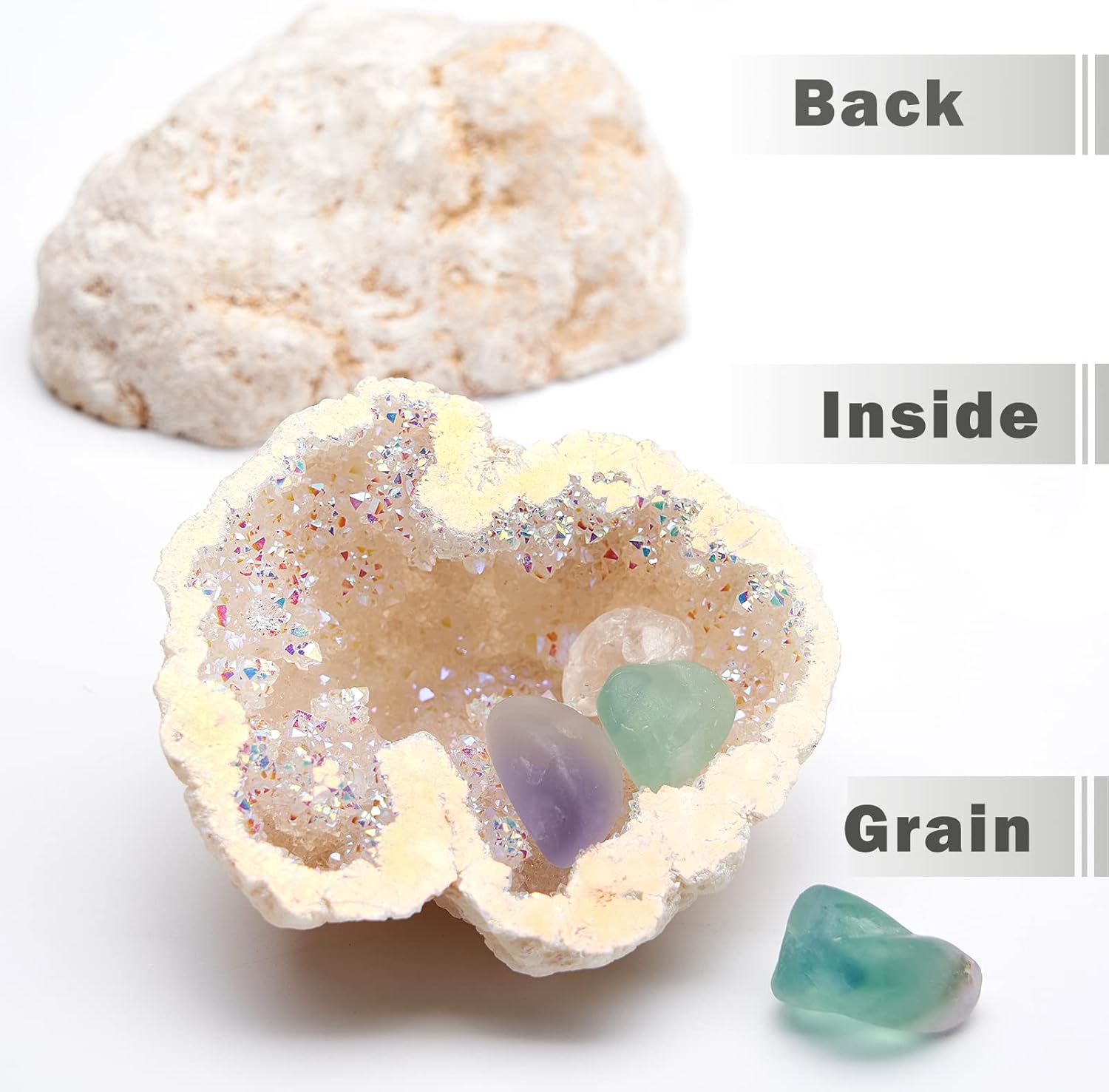 Yougoals Natural Geode Quartz Crystals,Rainbow Titanium Coated Quartz Specimen,White Geode Rainbow Crystal Cluster Natural Crystals and Healing Stones Decor 1PK Angel Aura Quartz - Image 5