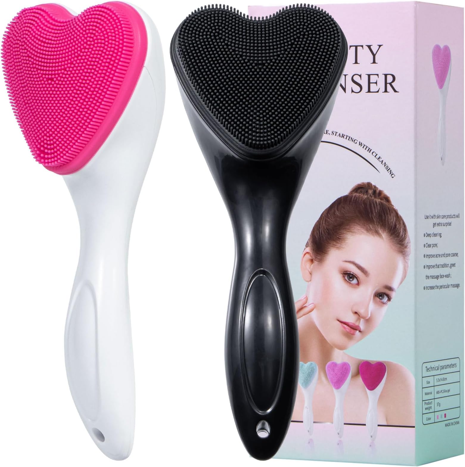 Silicone Face Scrubber Exfoliating Brush 2 Pack, Manual Handheld Facial Cleansing Brush Blackhead Scrubber, Soft Bristles Waterproof for Face Skincare (Black Hot-Pink,Heart)