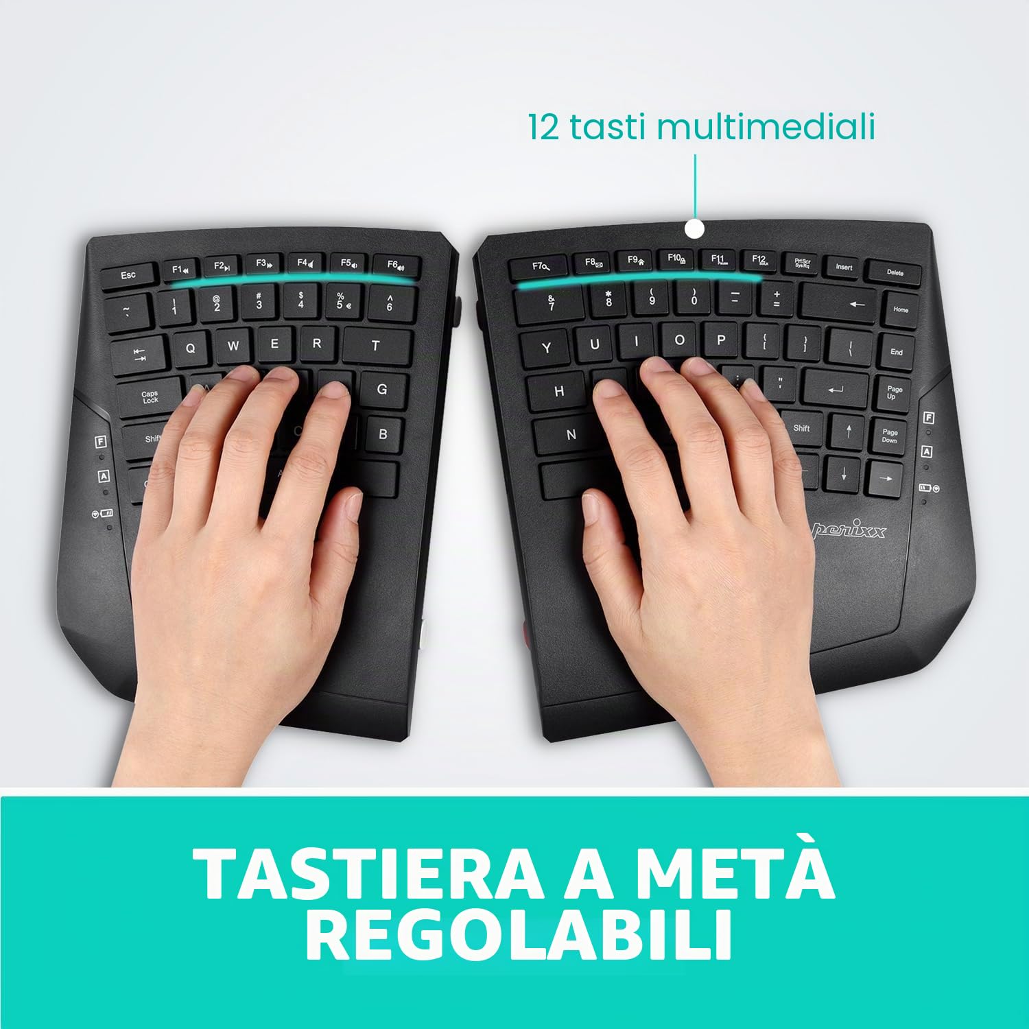 Perixx PERIBOARD-624B - Tastiera ergonomica senza fili, design split, TKL, inclinazione regolabile, layout QWERTZ, colore: Nero