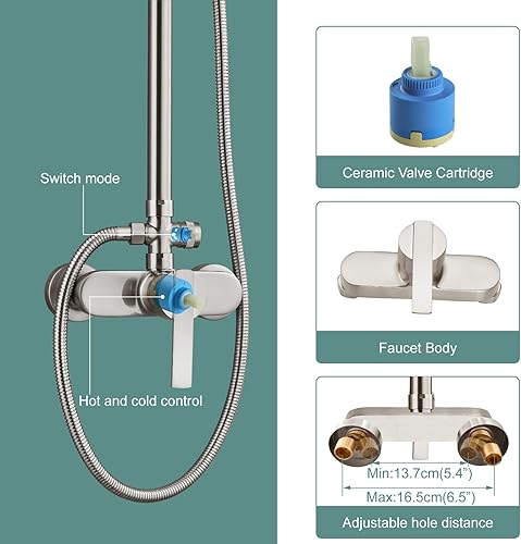 Miniatura 6 de Sistema de ducha de tubo expuesto, níquel cepillado de 8 pulgadas, cabezal de ducha de lluvia de 8 pulgadas, juego combinado de latón de una sola