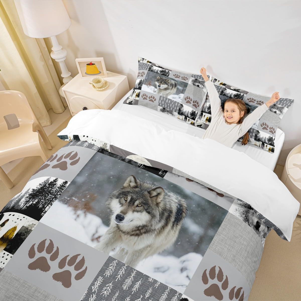 Wolf Kids Duvet Cover Set Full Size,Wolf Paws Print Pine Trees Wild Adventure Bedding Set,Boys Girls Adults Room Decor,Geometric Plaids Patchwork Comforter Cover,Rustic Quilt Cover,2 Pillowcases