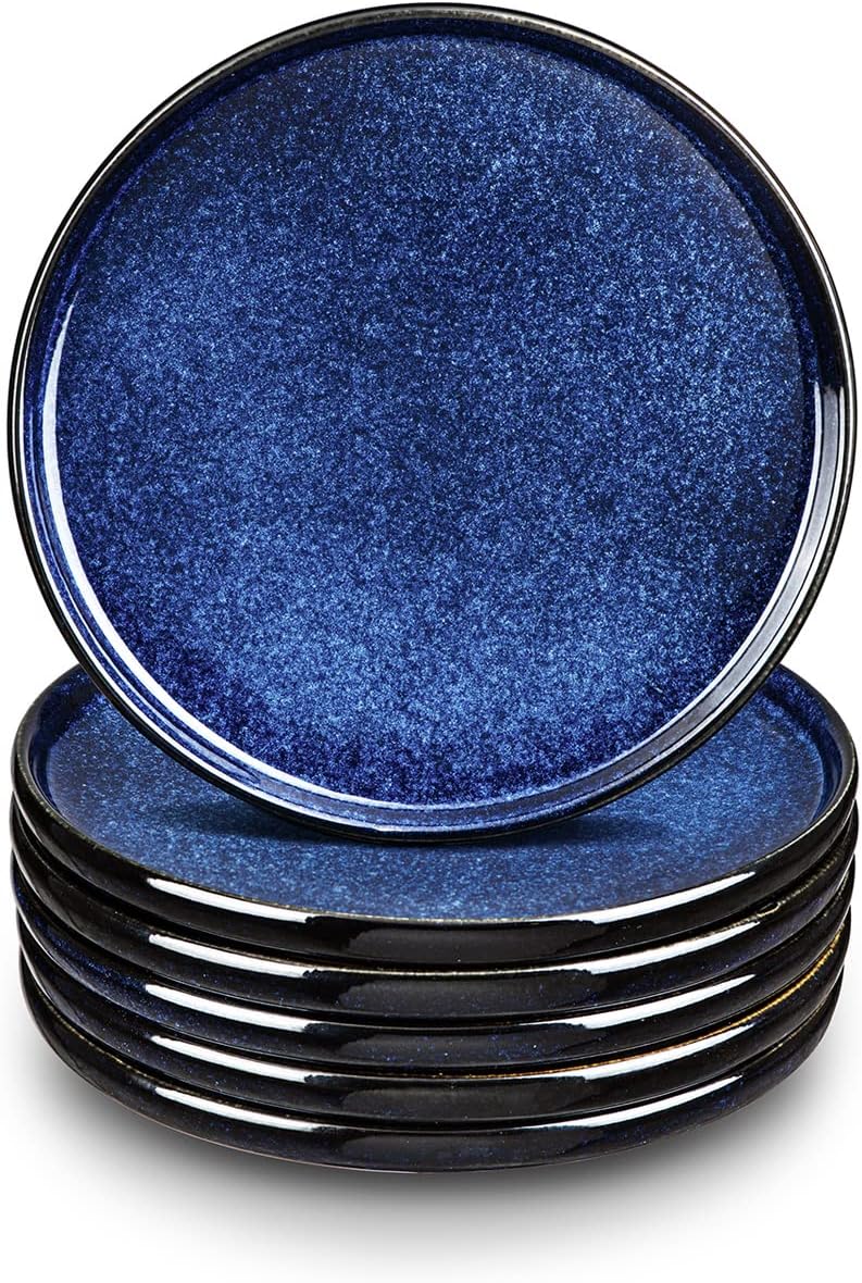 vicrays Ceramic Salad Plates Set - Porcelain 8 Inch Flat Dessert Appetizer Plate for Lunch Home Party Restaurant - Scratch Resistant Microwave Oven and Dishwasher Safe - Set of 6 (Blue)