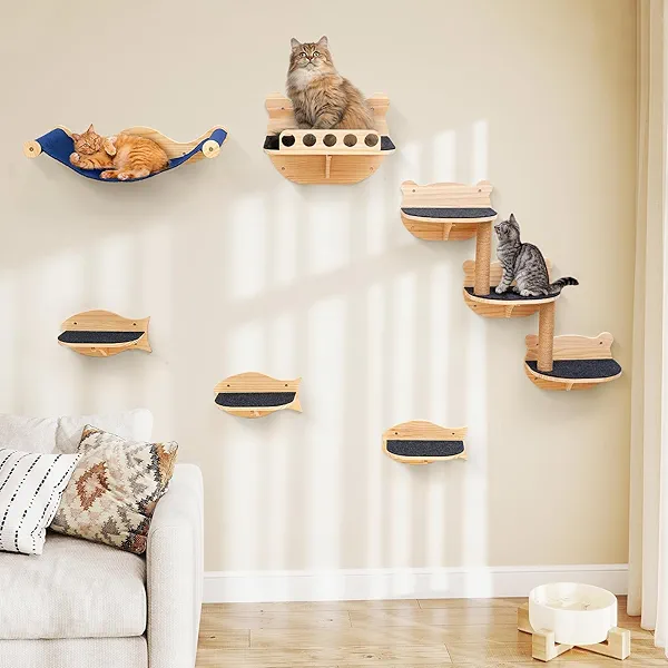 Turosur 8 in 1 Cat Furniture Set Cats Shelves for Wall for Large Adult Kittens Wall-Mounted Cat Wall Steps Perches Climber with Hammock Sisal Scratching Post