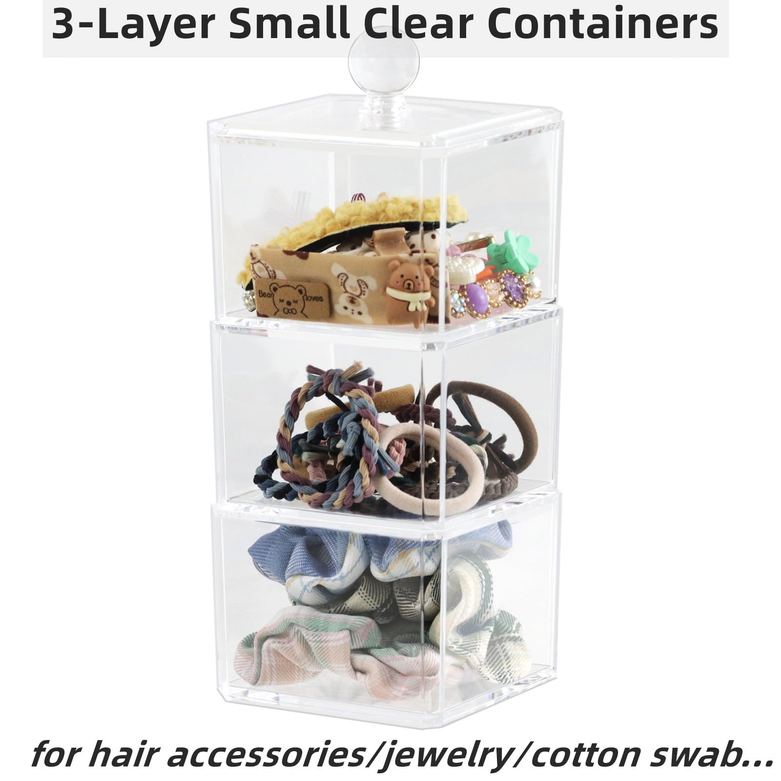 Clear Bathroom Dresser Organizer 3 Compartment with 1 Lid, Transparent Hair Accessories Organizer, Cotton Ball and Swab Holder, Small Plastic Storage Containers Vanity Makeup Organization (Clear Lid)