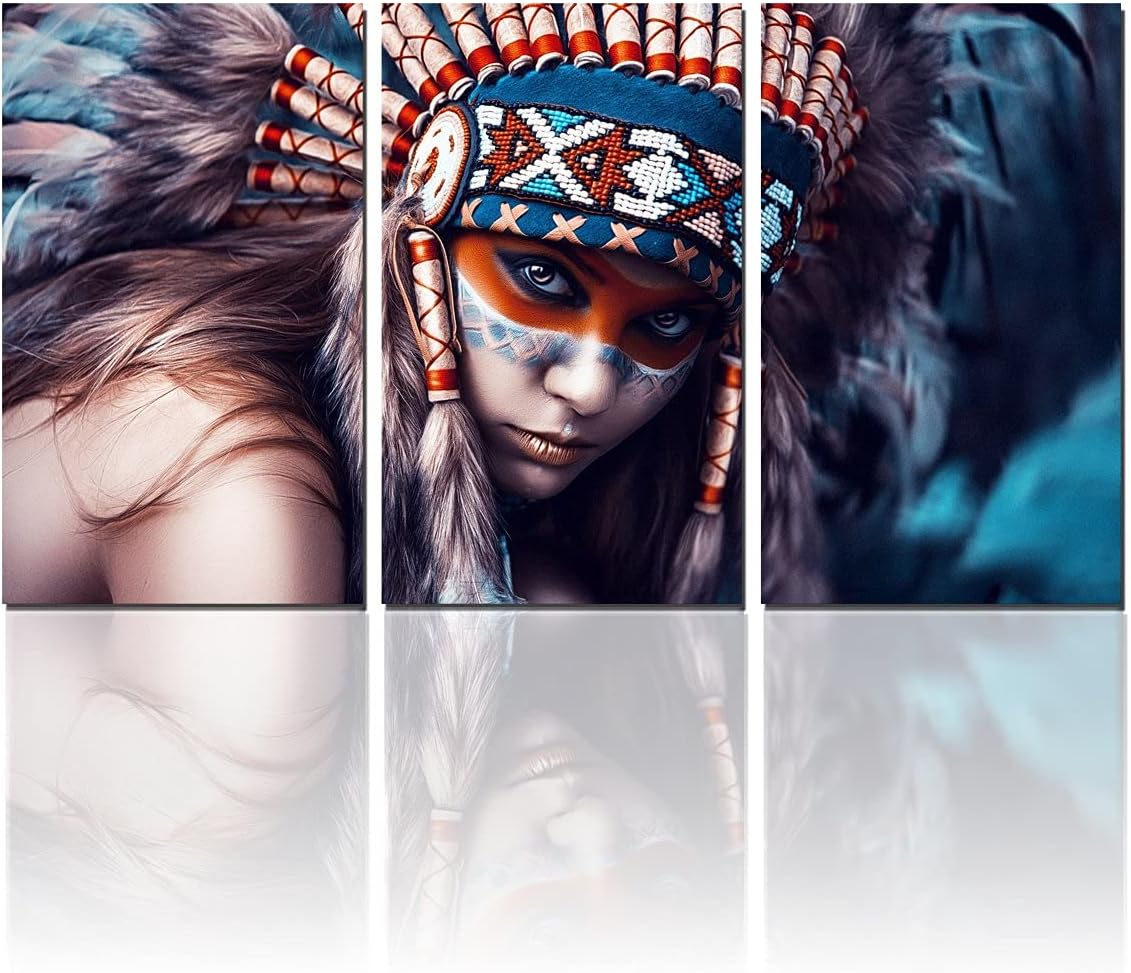 Beauty Native Woman Canvas Wall Art Paintings Feathered Indians Girl Art Prints for Home Bedroom Walls Decor on Wrapped Canvas Set,12x20inch x3 pieces