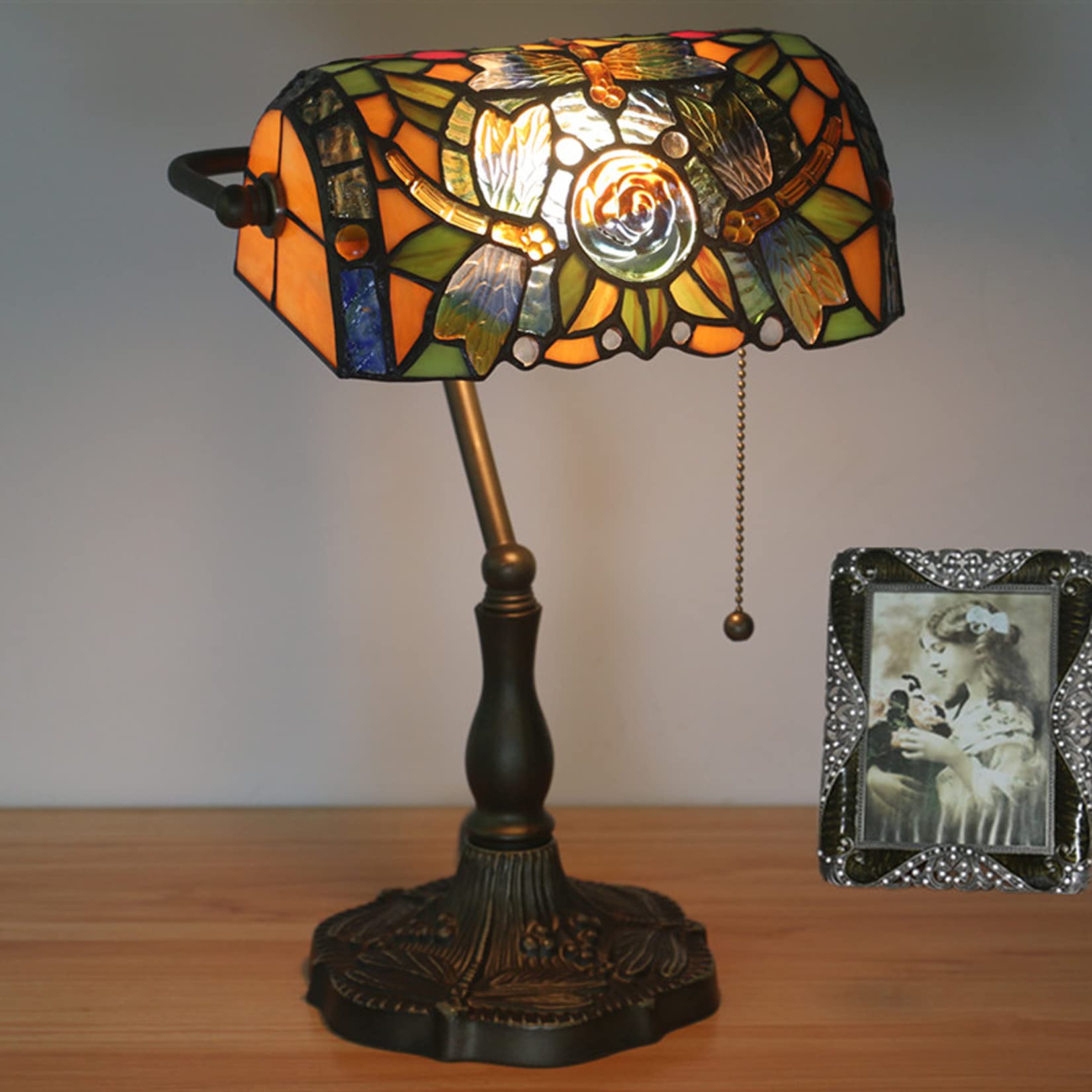 AIBOTY Banker Lamp Tiffany Desk Lamp Floral Style Lampshade Stained Glass Table Lamp Bedside Nightstand Piano Reading Lamp Work Study Desktop Light Decor Homebedroom Living Room Office,I