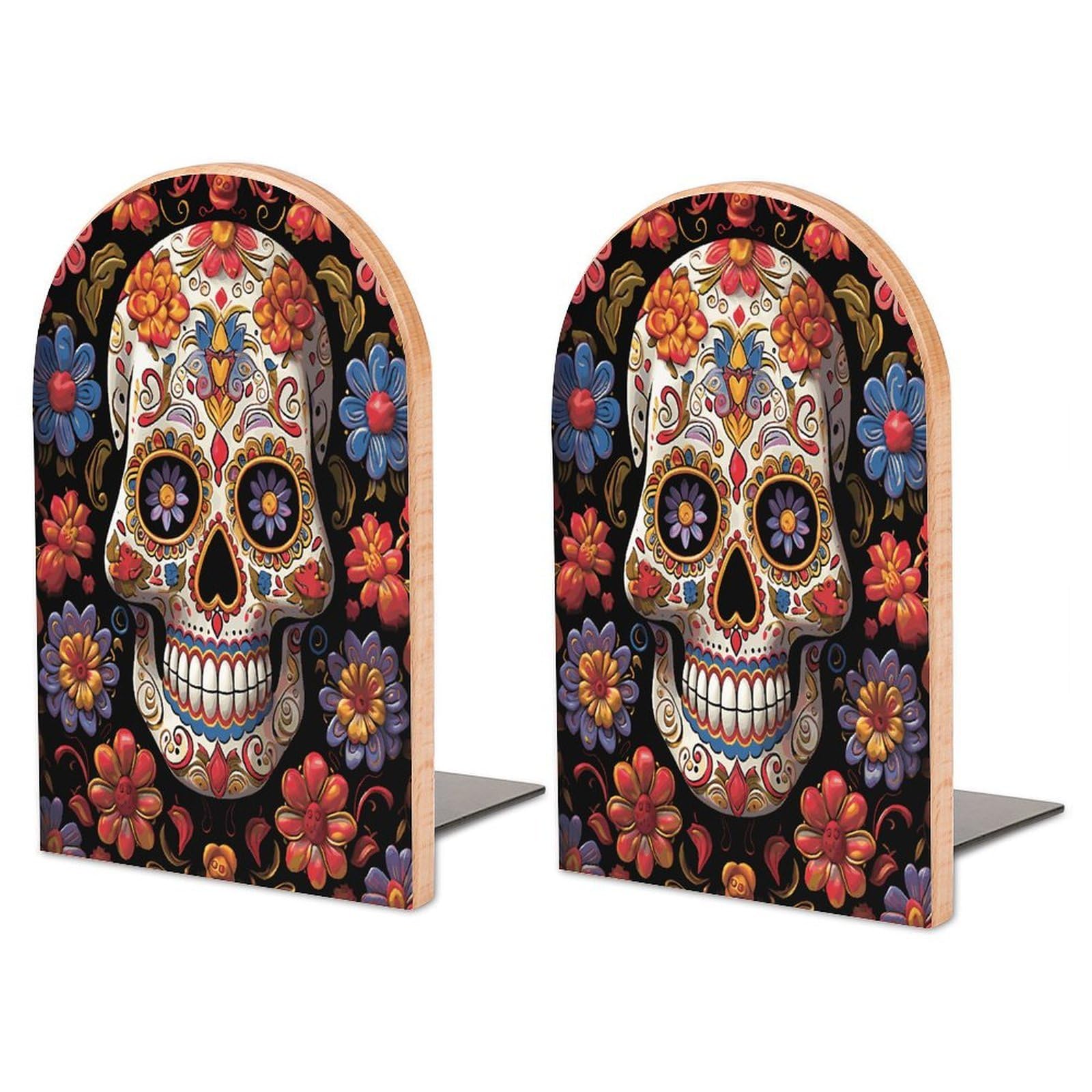 Large Sugar Skulls Book End with Metal Base Fashion Heavy Duty Bookend Exquisite Wooden Bookends Non-Skid Book Stopper for Shelves Books Organizer for Office Home 1 Pair
