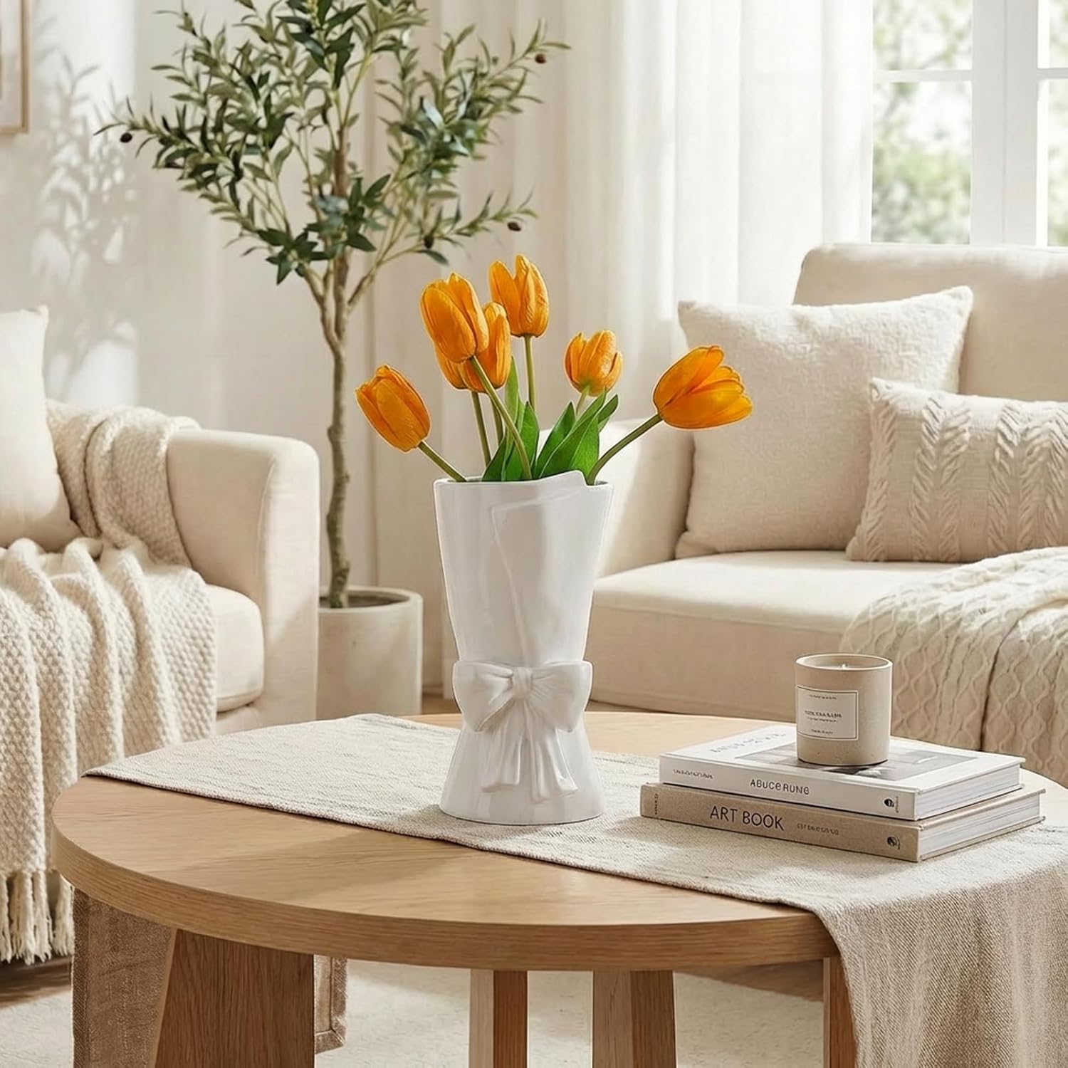 Relexome Fully Glazed White Ceramic Bow Vase 9.64 in Unique Cute Modern Decorative Bouquet Flower Vases for Home Living Room Table Decor Mother‘s Day Gifts