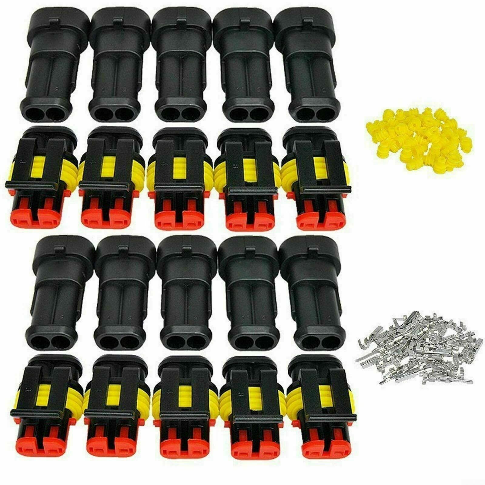 Kit di connettori a 2 poli (10 paia) per auto, moto, barche e roulotte, impermeabile, compatibile con cavi da 0,75 a 1,50 mm², 14 A/24 V, alloggiamento in plastica con contatti in rame