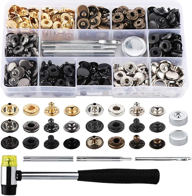 ilauke 120 Sets Snap Fasteners, Metal Snaps Button Canvas Snaps Kit Press Studs with Punch Pliers and 4 Pieces Fixing Tool Kit for Clothes Craft Repairs Decoration, 6 Colors