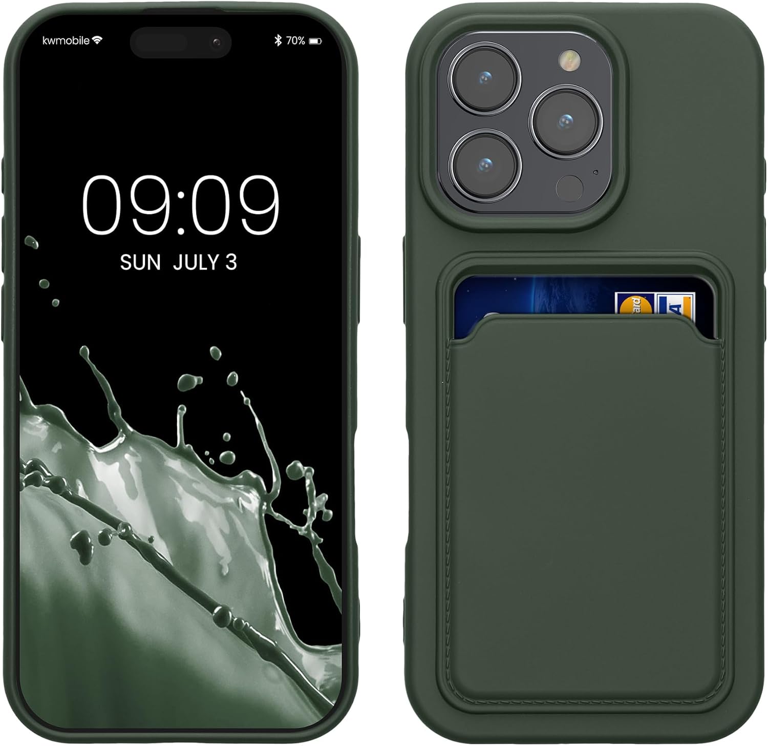 kwmobile Case Compatible with Apple iPhone 16 Pro Case - TPU Phone Cover with Credit Card Holder - Dark Green