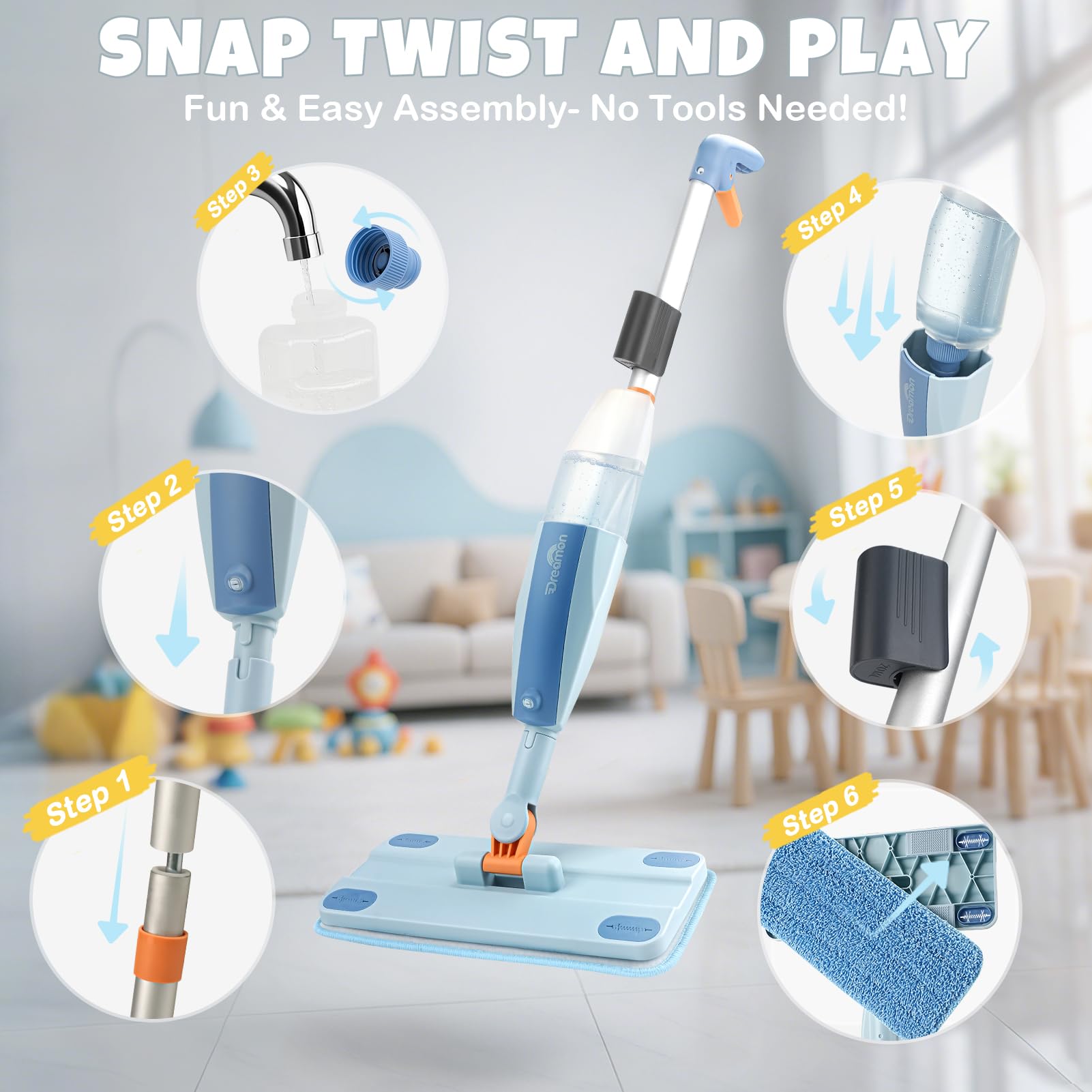 Trapeador con atomizador para niños, juego de limpieza para niños pequeños con rociador de agua y 3 almohadillas lavables para trapeador y raspador, juguetes Montessori de limpieza para juegos 6