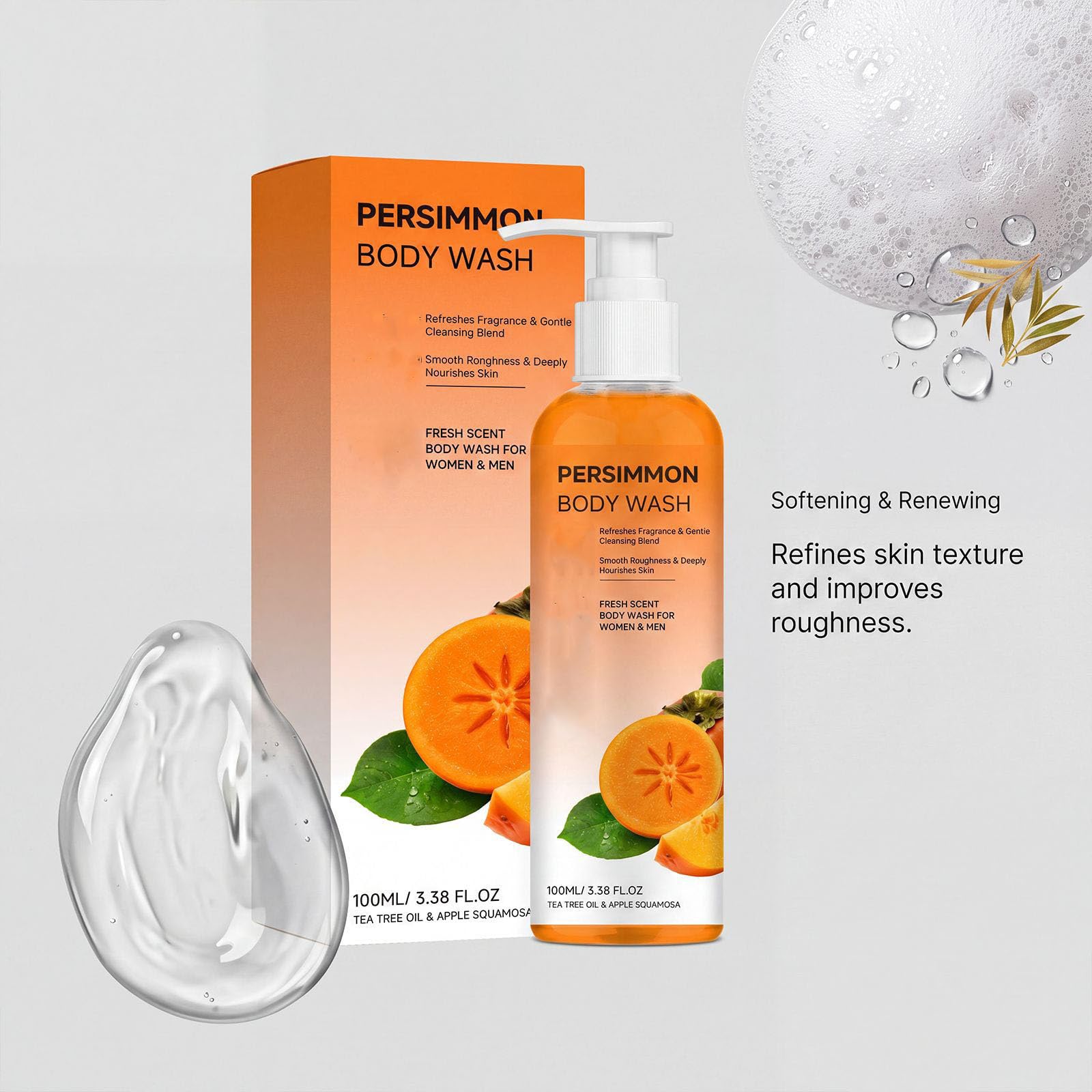 Gel de ducha desodorante con caqui, gel de ducha exfoliante natural, gel de ducha suave de limpieza, gel de ducha hidratante y duradero, gel de ducha regenerador y purificador Kaki (5 unidades)