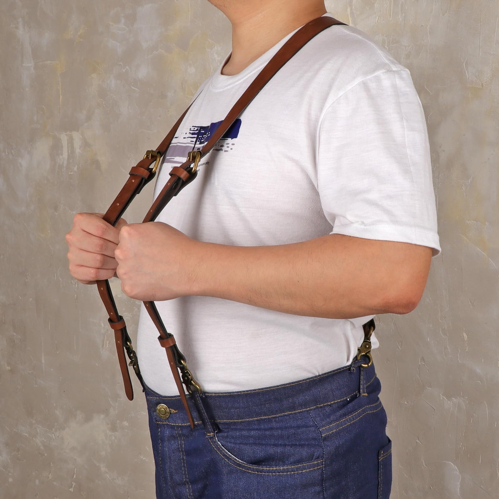 TOURBON - Tirantes resistentes de piel auténtica para hombre, tirantes ajustables en forma de X de 1 pulgada de ancho