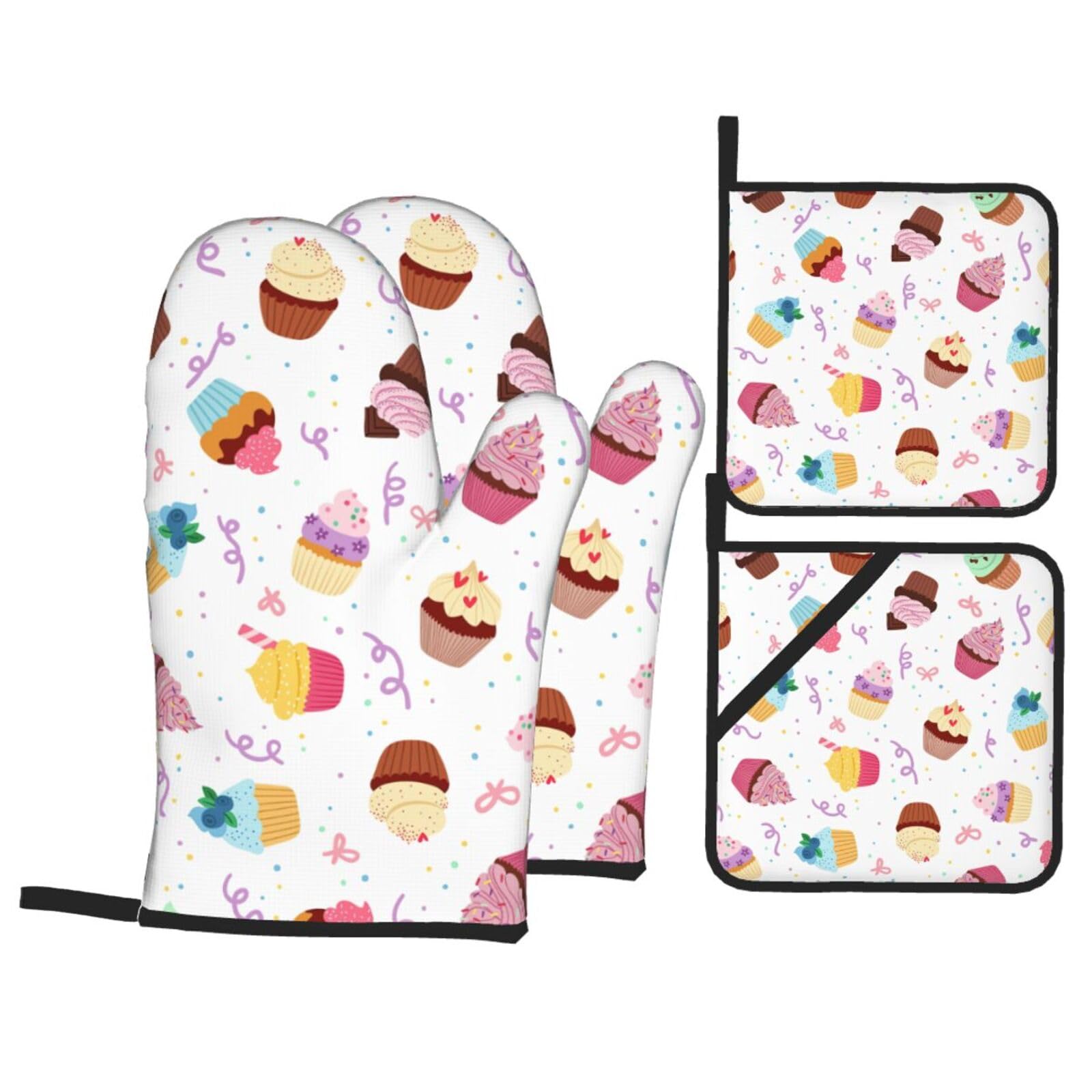 Delicious Cupcakes Print 4-Piece Oven Microwaving Set Waterproof Kitchen Gloves for Baking Grilling Cooking