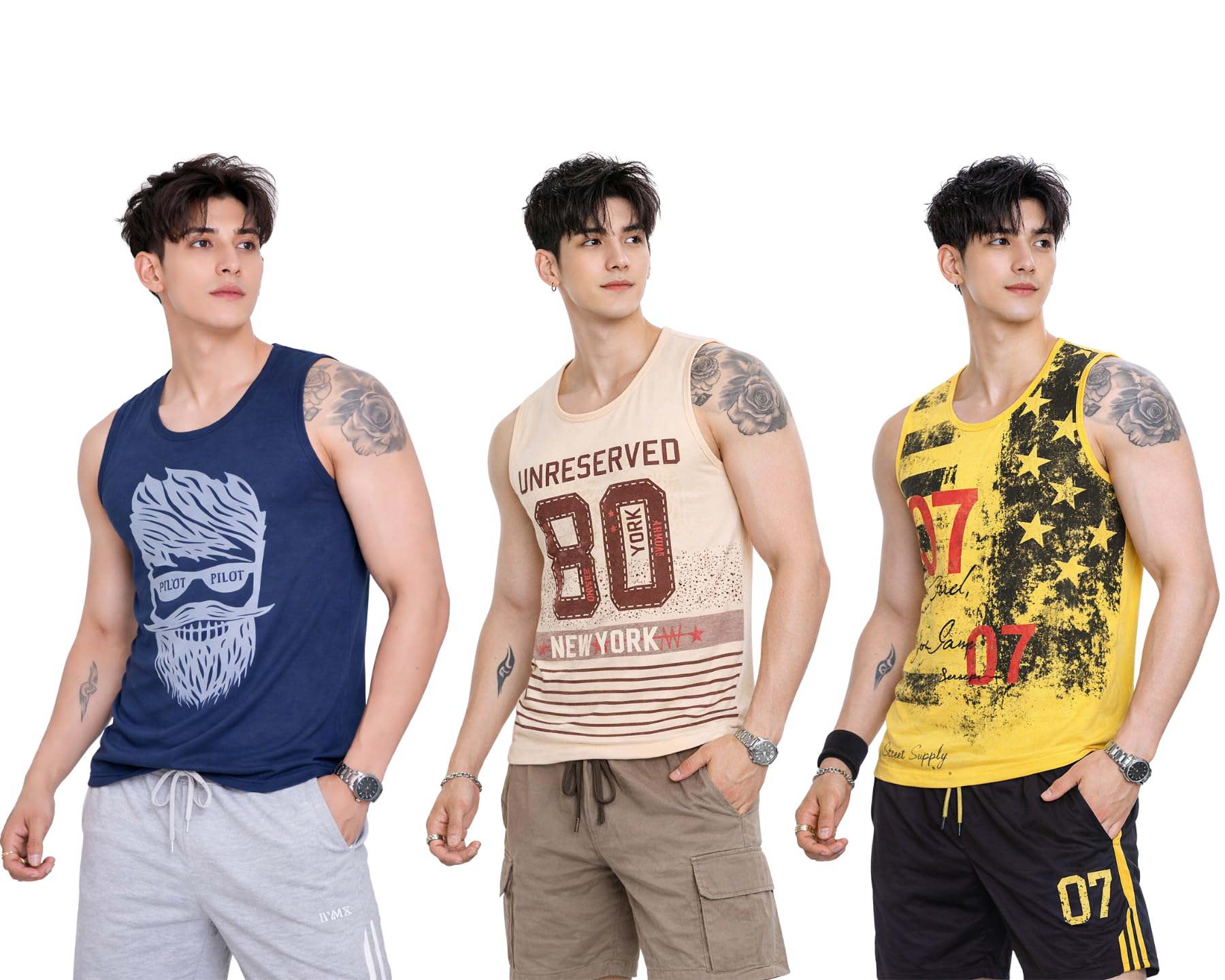 Men's Printed Sleeveless T Shirt Combo | Round Neck Trendy Casual Running Workout Sleeveless Vest for Gym Wear (Pack of 3)-picture-36