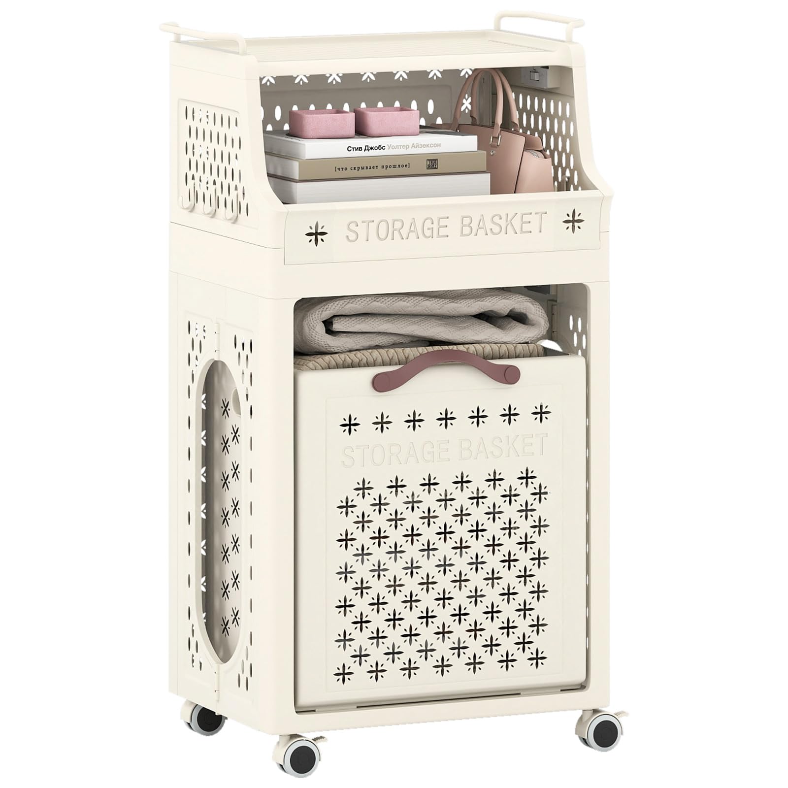 LIFEZEAL - Carrito de lavandería plegable de 3/4 niveles, cesta de ropa con ganchos, ruedas, carrito de almacenamiento móvil para lavandería, cuarto de baño, dormitorio (Beige2, 3 niveles sin barra de