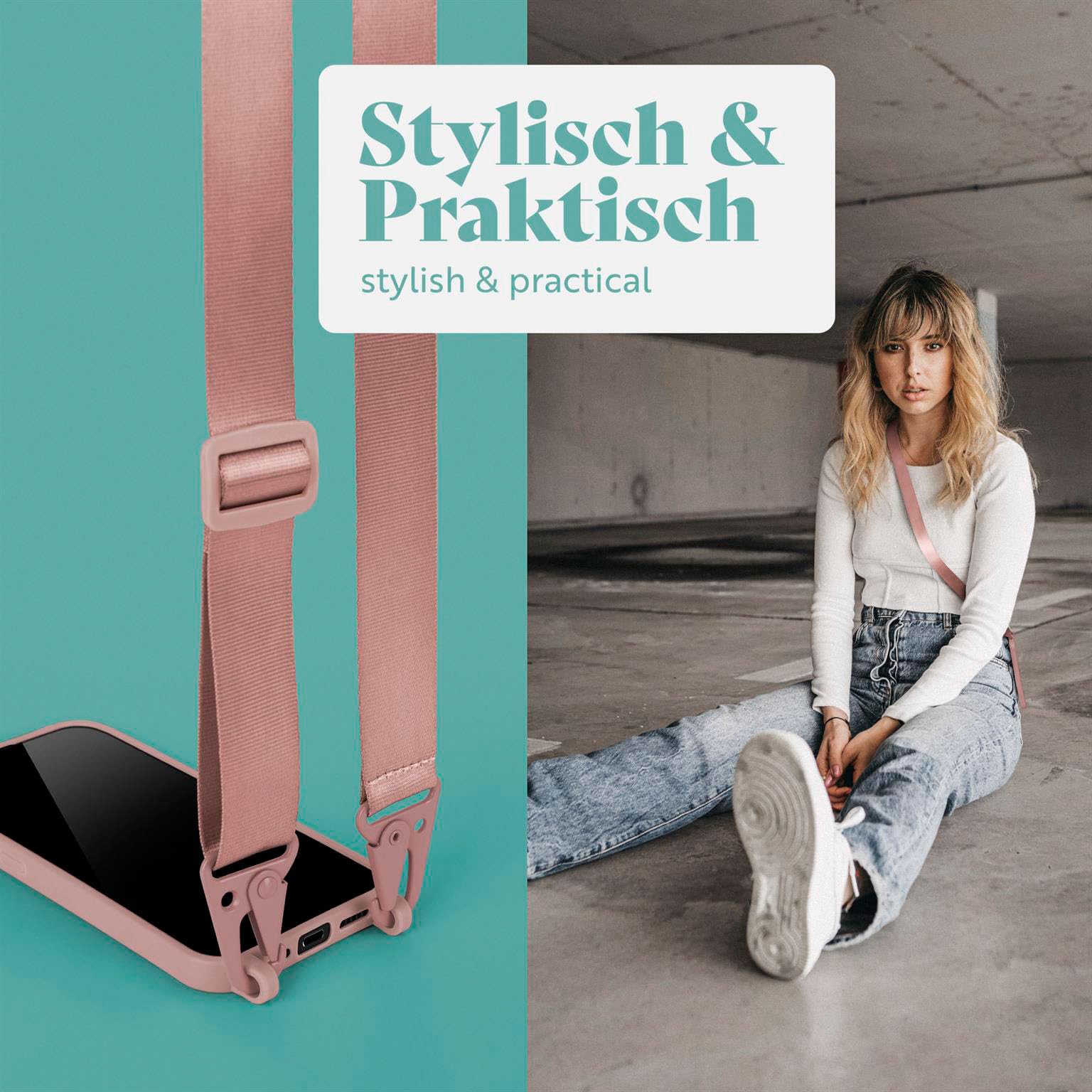 moex Hover Cover etui na telefon komórkowy iPhone 15 Pro Max, z szerokim paskiem, etui z paskiem do zawieszenia, zdejmowany nylonowy łańcuszek z karabińczykiem, stylowy i bardzo wytrzymały – brudny