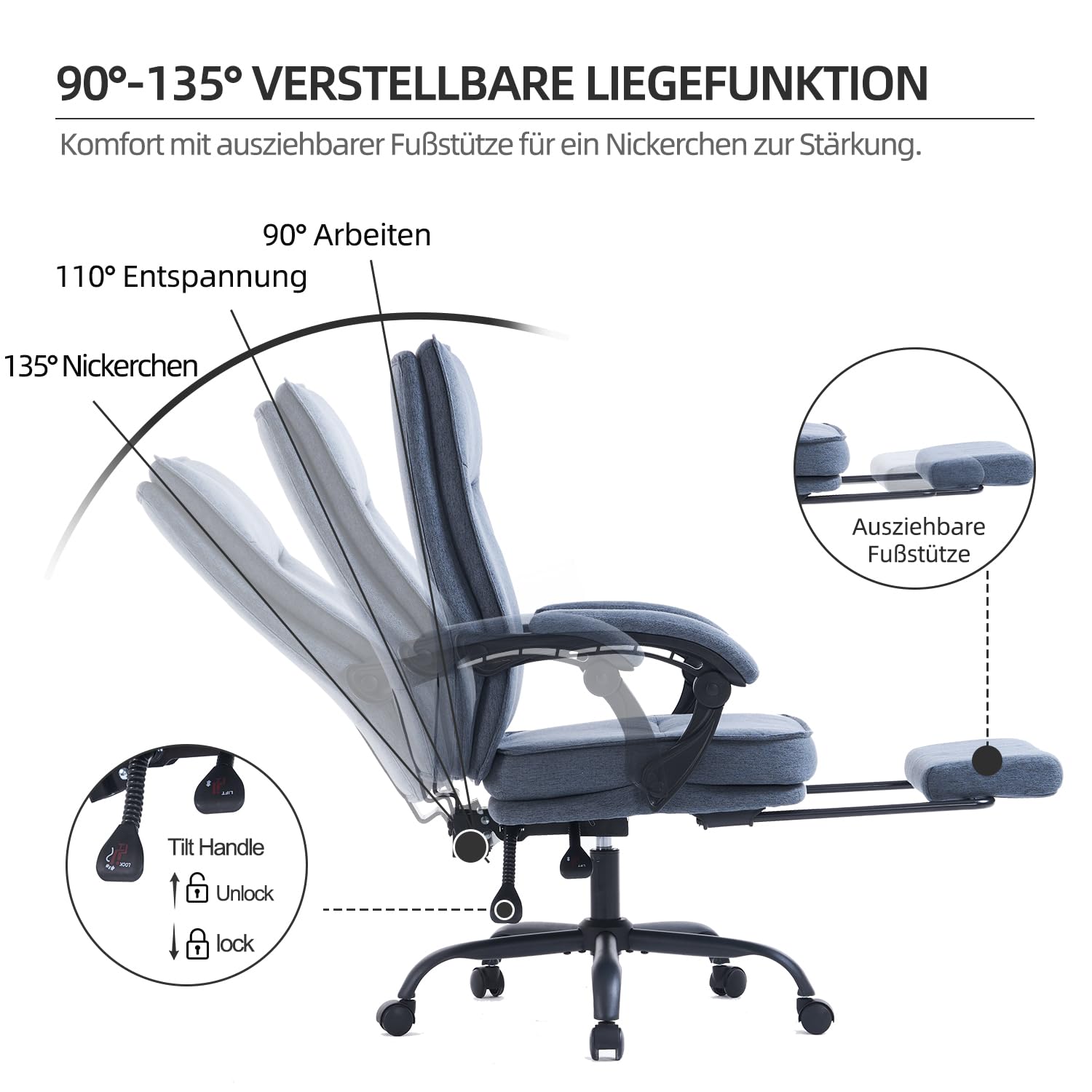MZLEE Bürostuhl, Schreibtischstuhl Ergonomisch mit Fußstütze, Linkage-Armlehnen, Höhenverstellbar, Liegefunktion 90°-135°, Stoff Chefsessel für Arbeiten und Nickerchen, Stuhl 150 kg