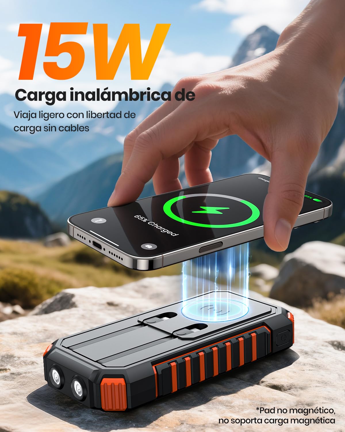 Cargador-Solar-Power-Bank-20000mAh - A ADDTOP 22,5W USB C Carga Rápida Batería Externa Inalámbrica con 2 Cables Integrado y Linternas, Cargador Portátil para Teléfono Tabletas (Naranja)