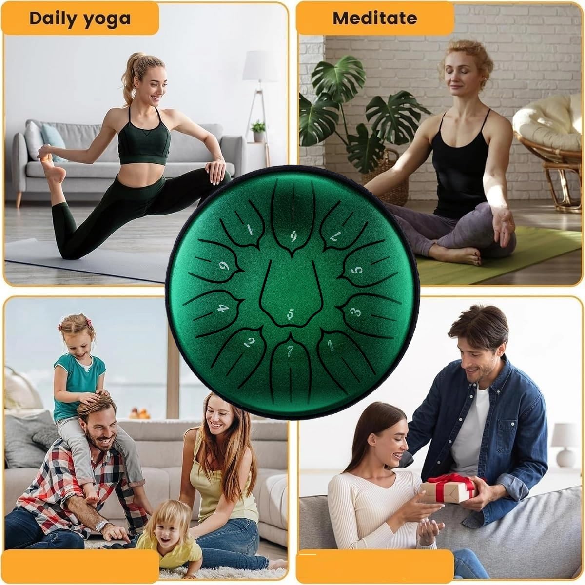 Zungentrommel Steel Tongue Drum Satz, 6 Zoll 11 Tone D-Dur Tongue Drum, Stahlzungentrommel Handpan Steel Drum mit Trommeltasche für Meditation, Klangheilung (Grün)