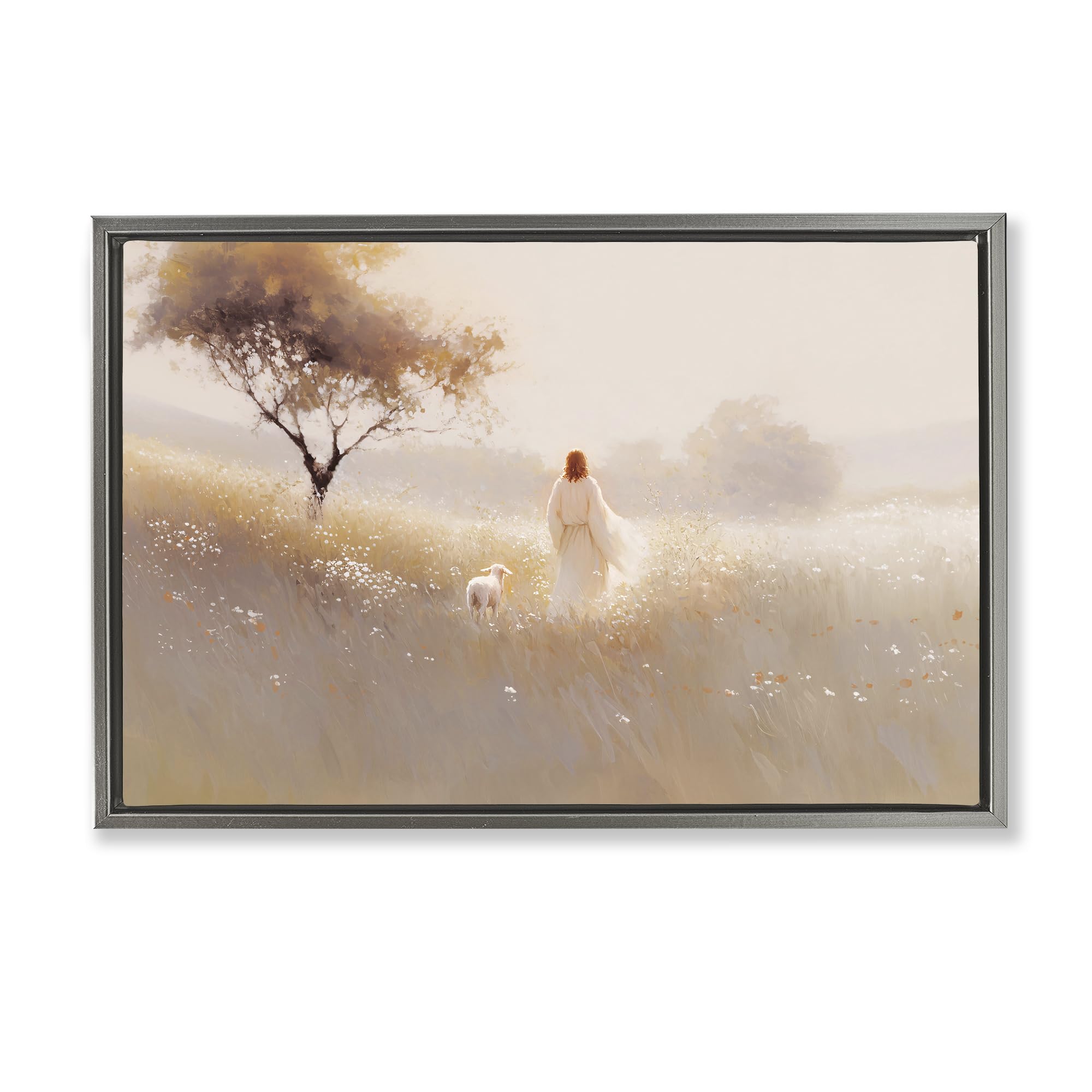 Stupell Industries 'Spiritual Shepherd & Lamb', Floating Frame Canvas Art, Gray, 25 x 17 Inches, Easy to Hang and Sturdy, Made in USA, by Jacky Ngan