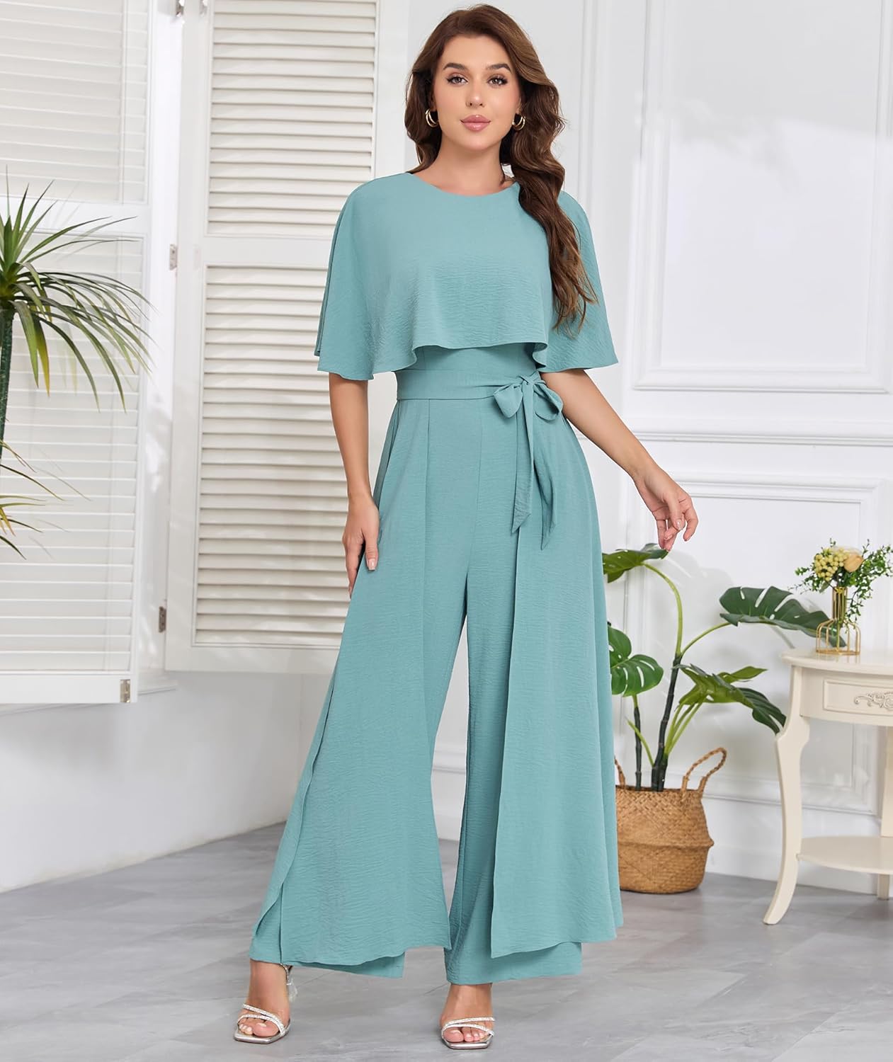 Jumpsuits for Women Dressy Casual One-Piece Outfits Elegant Formal Cape Belted Wide Leg Rompers Evening Pantsuits - Image 2