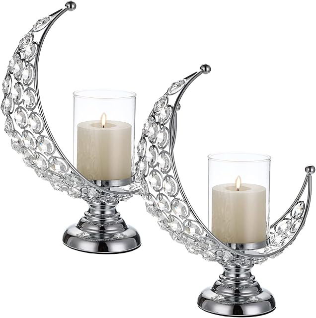 Tolida Pack of 2 Moon Shape Crystal Tea Light Candelabra Candle Holder with Detachable Shade for Home Office Wedding Party Reception Table Center Decoration, Silver