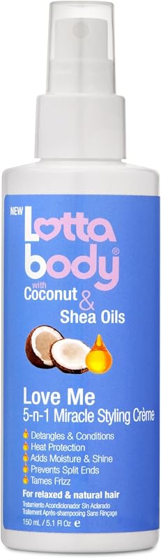 Lottabody Love Me 5-n-1 Leave-In Treatment with Coconut & Shea Oils, Lightweight, All-In-One, Leave-In Spray for Detangling Heat Protection Moisture Shine & Frizz Control, 5 oz