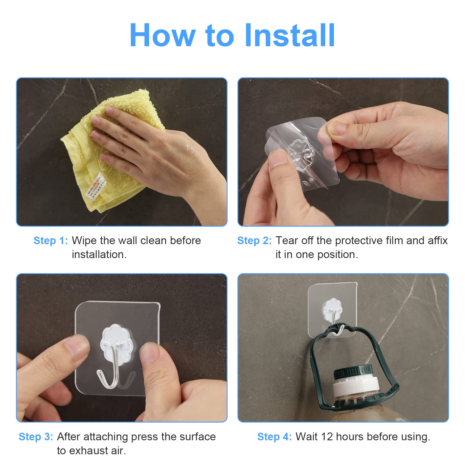 Paquete de 50 ganchos adhesivos, ganchos de pared resistentes de 22 libras (máximo) para colgar llaves, sombreros, abrigos, ganchos adhesivos transparentes impermeables para colgar en la