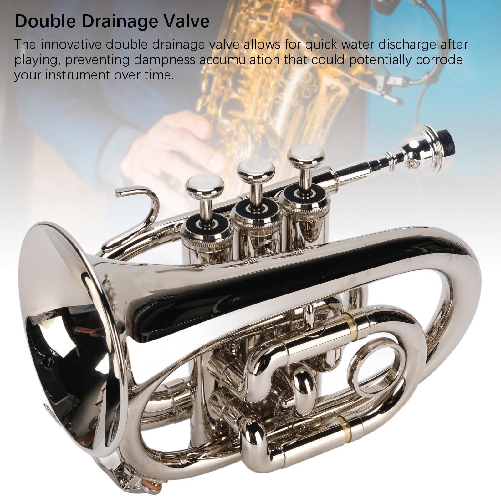 Bb-Trompete, N plattierte Basstrompete Ergonomische tragbare Bb-Taschentrompete für Anfänger, Studenten, Reisende und Profis, doppeltes Entwässerungsventil
