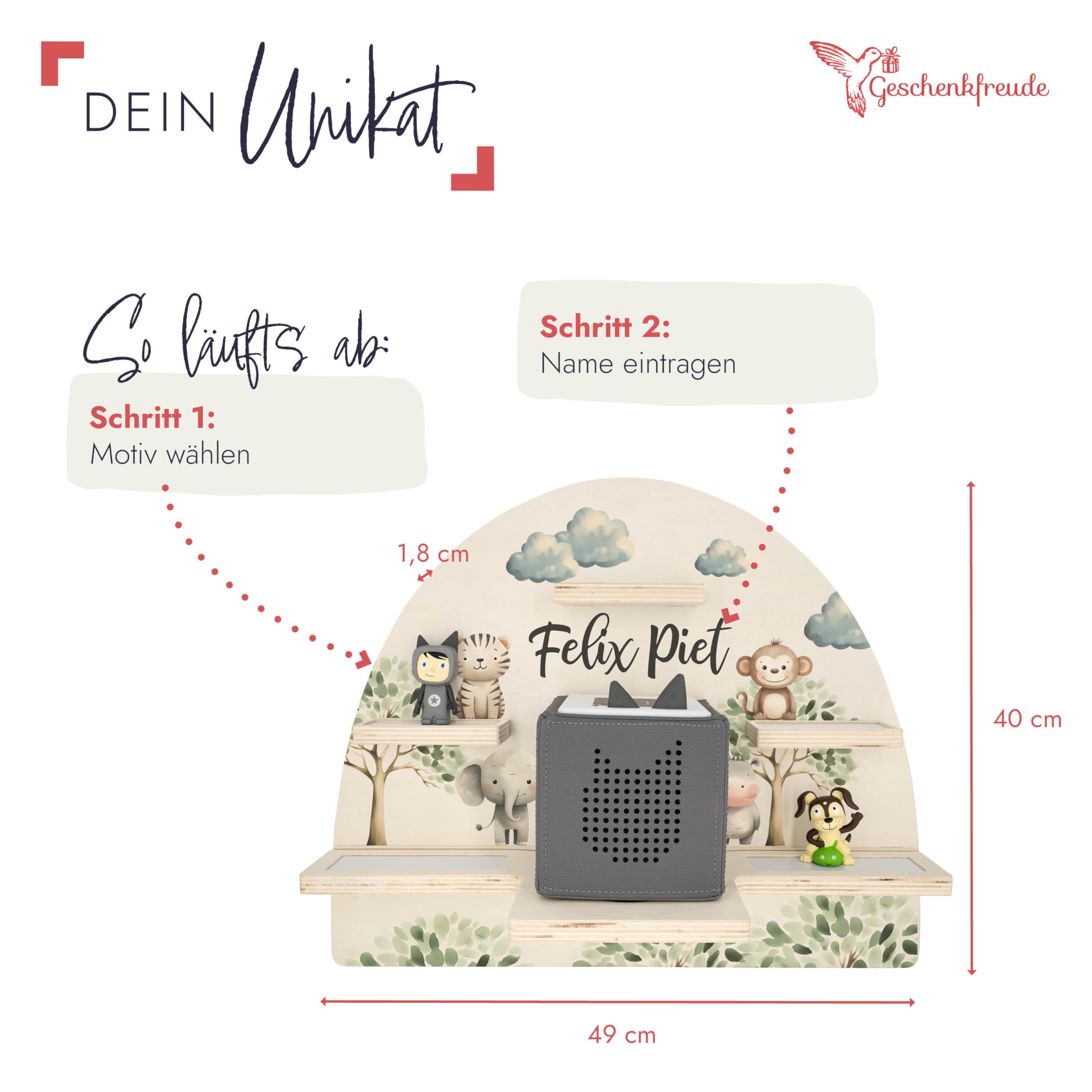 Geschenkfreude Personalisiertes Toniebox Regal für Kinderzimmer - Kinder Wandregal für Tonie Hörfiguren - Magnetisches Tonie Wandregal zur aufbewahrung von Tonieboxen und Figuren - Safari