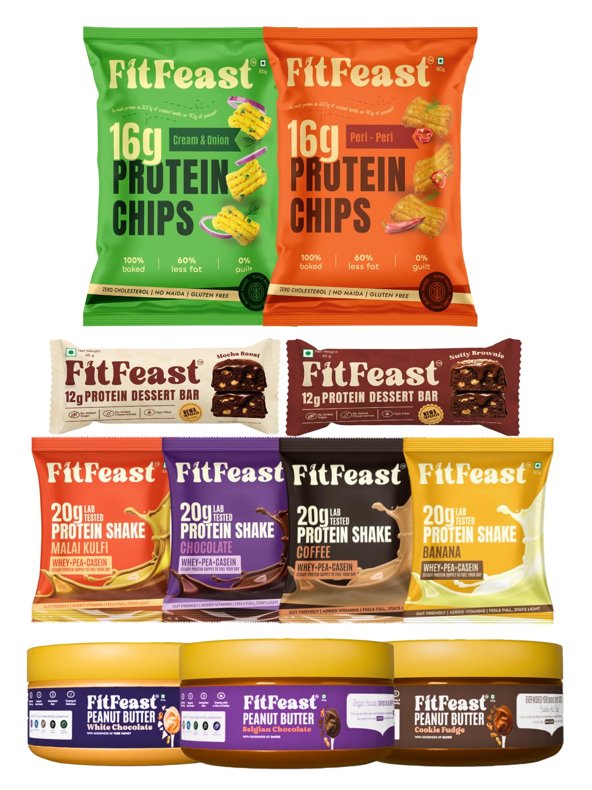 FitFeast Ultimate Protein Combo, 4 Shake Sachets (20g Protein each), 2 Snack Bars (12g Protien each), 2 Chips (16g Protien each), 3 Peanut Butters - Cookie Fudge, White and Belgian Chocolate-image-48