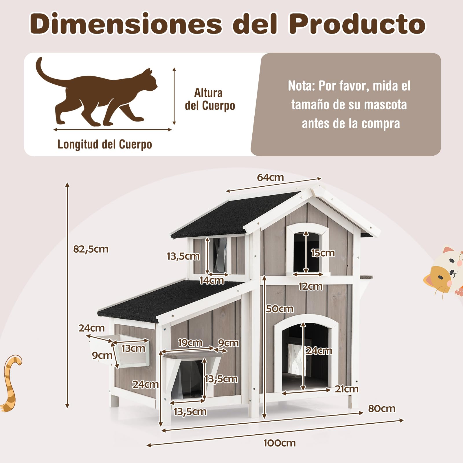 COSTWAY Casa para Gatos de Madera, Caseta para Gatos de 2 Pisos para Exteriores con Puertas de Escape, Techo Asfáltico Impermeable, Refugio para Gatitos de Interior y Exterior para Balcón y Patio