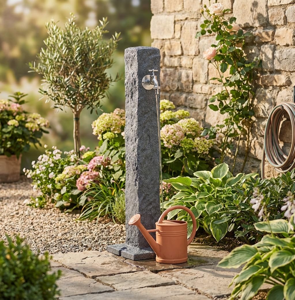 Fuente de Jardin Decorativa Granito Oscuro Imitación Piedra + Grifo, Altura 100 cm | Fuente de Agua Suelo para Decoración Exterior | Decoracion Patios y Terrazas