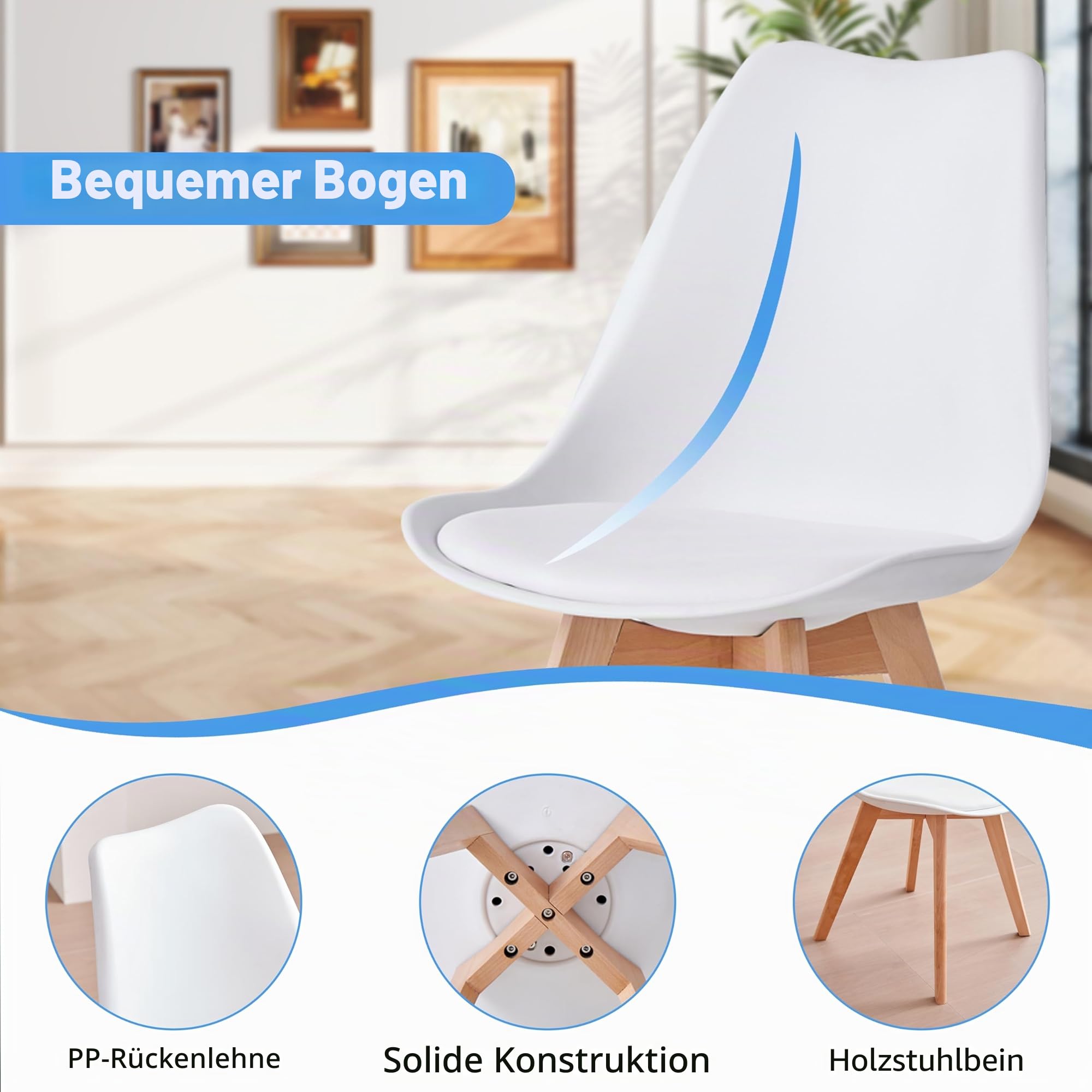 GrandCA HOME 4er-Set Esszimmerstühle, Bürostühle mit Beinen aus massiver Buche, Retro-Design, gepolsterte Stühle, Küchenstühle aus Holz, Weiß