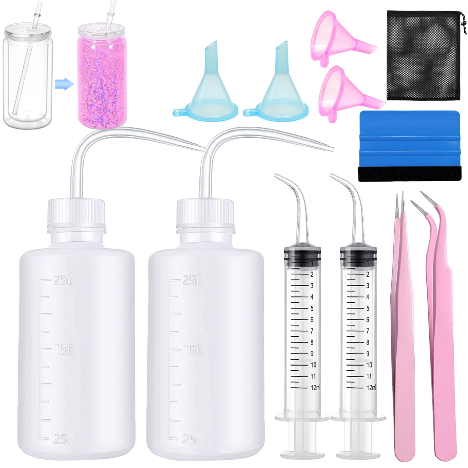 CHENGLAI 12 PCS Snow Globe Tumbler Making Supplies for DIY Glitter Snow Globe Cups with Squeeze Water Bottle Tweezers Bent Syringe Small Funnels Felt Squeegee Storage Bag, Suitable for DIY your crafts