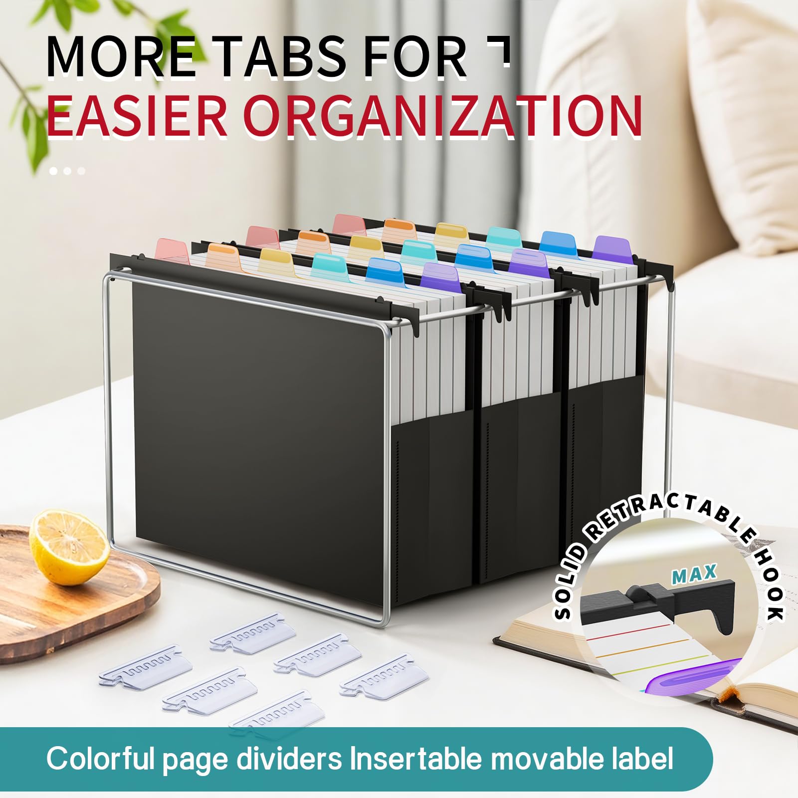 Uquelic Lot de 6 Dossiers Suspendus A4 avec Onglets et Couleur Intercalaires, Extensible 10 cm, Dossier Suspendu Grande Capacité en Plastique pour Meuble Dossier Suspendu, Bureau, Maison