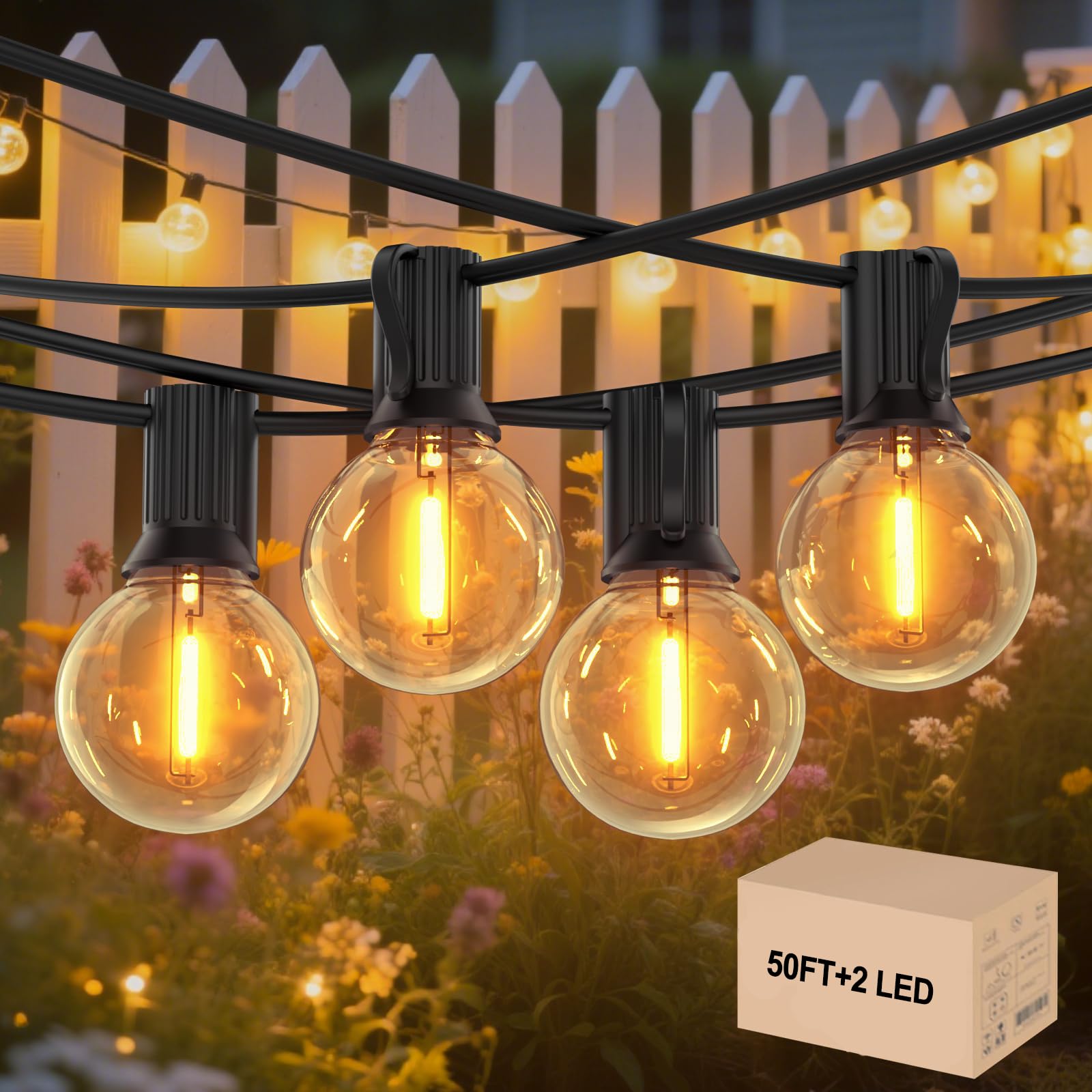 Cadena de luces para exteriores de 50 pies, luces LED conectables para patio con bombillas G40, regulables, impermeables, para exteriores, balcón, cenador (50 pies/26 piezas)