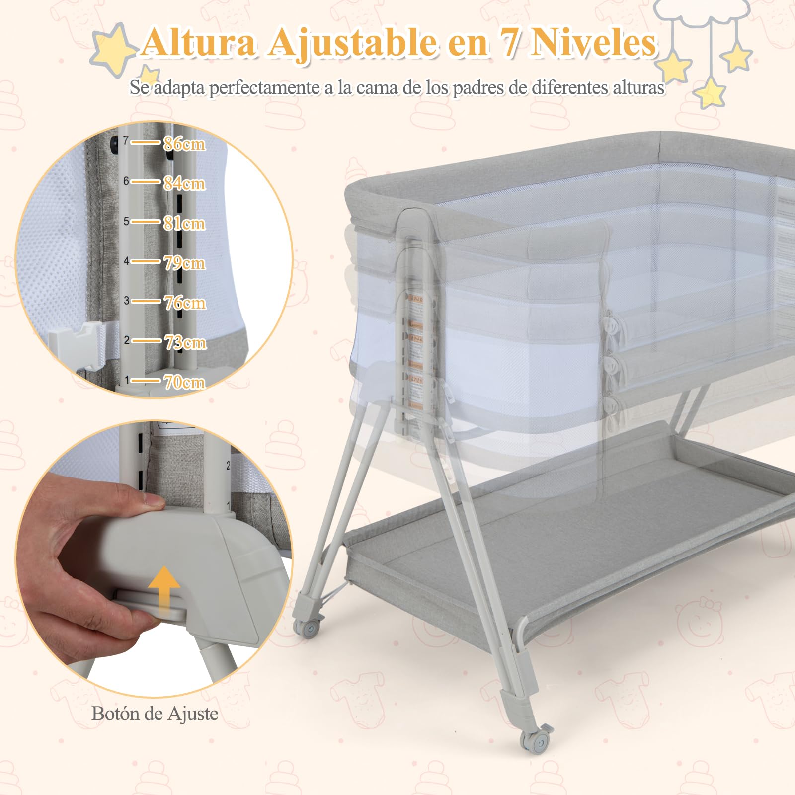 GOPLUS Cuna Cama de Bebé con Inclinación y 7 Alturas Ajustables, Cuna Plegable con Ventana de Malla y Estante de Almacenaje, Ruedas con Freno, 0-6 Meses (Gris Claro)