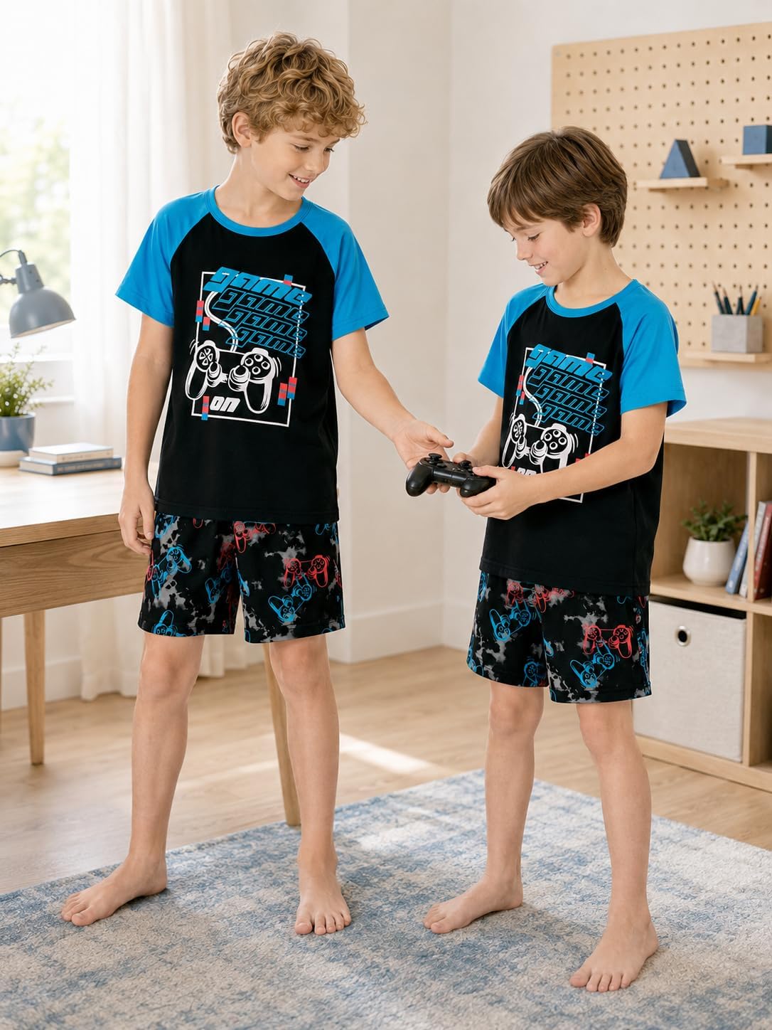Beezizac Boys Pajamas, Teal & Navy Face Short-Sleeve and Shorts, Sizes 6-18 image 3
