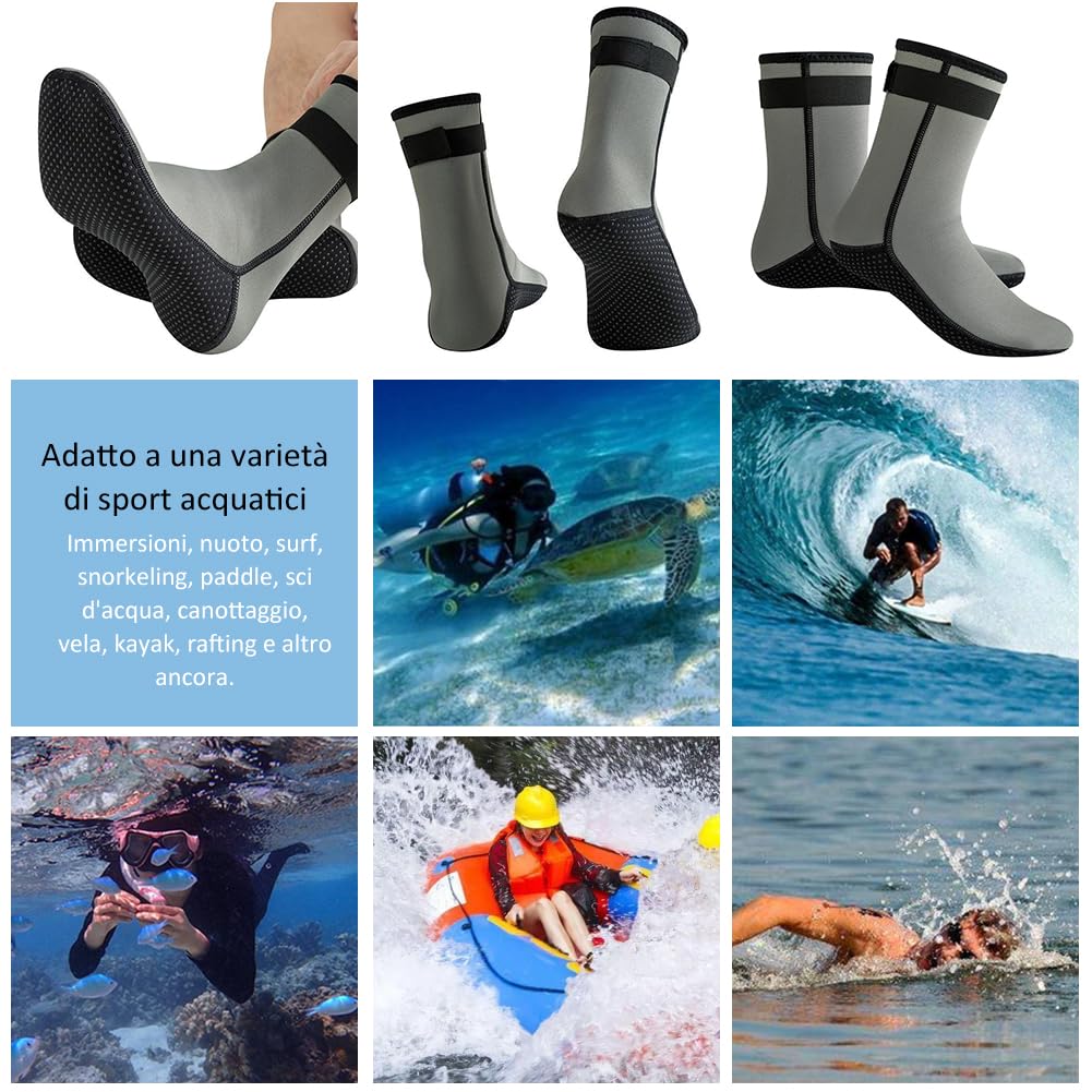 Calzini in Neoprene 3mm,Calzini Immersione Caldi Antiscivolo,Neoprene Socks Resilient con Velcro,Calze termiche Snorkeling,Calzini beach volley nuoto subacquee surf vela kayak